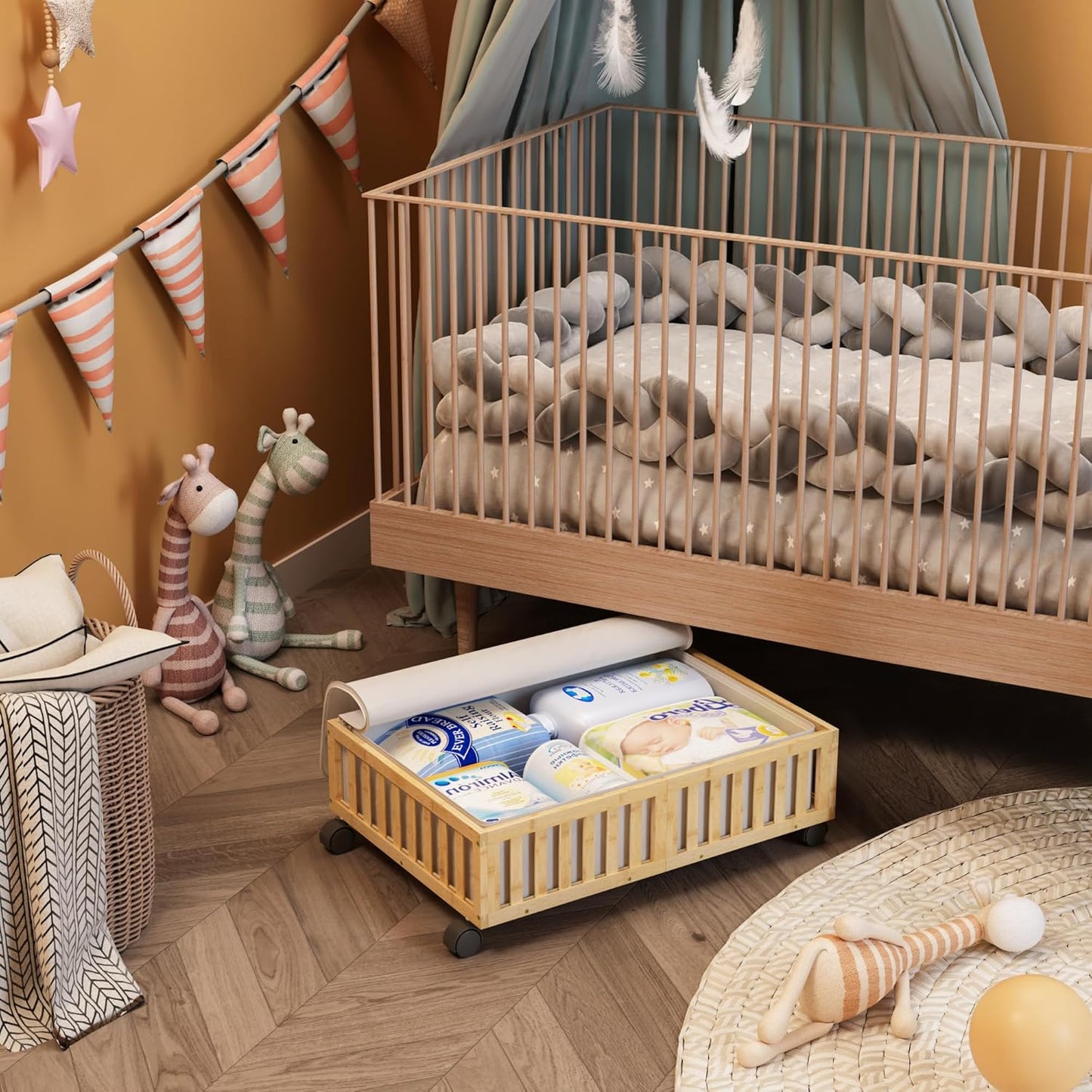 Bamboo Under Bed Storage Containers with Wheels, 2 Pack Under the Bed Shoe Storage Bins, Wood Rolling Underbed Drawers with Bag Organizer for Bedroom, Sheets Clothes Blanket Comforter, Under Crib Toy