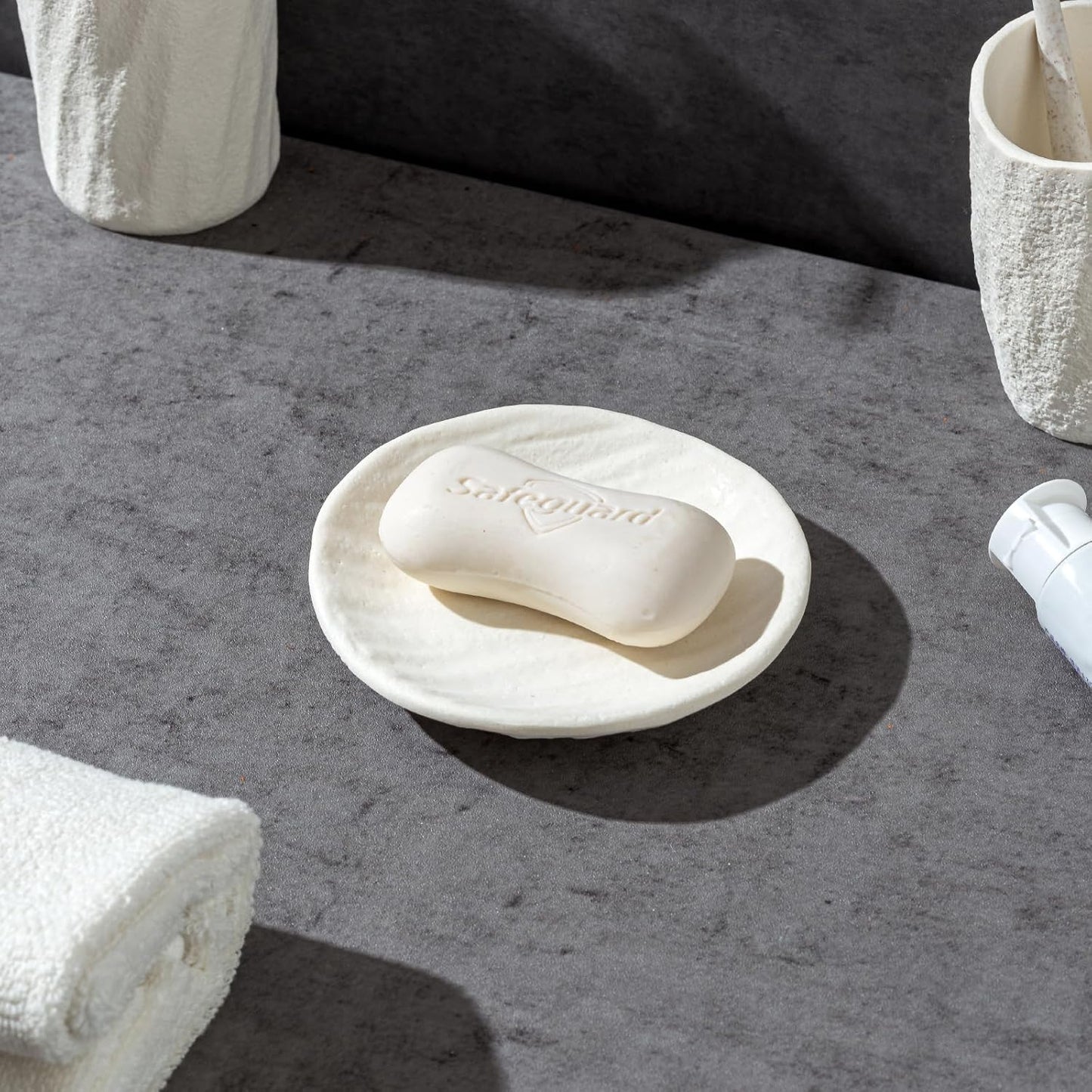 Bathroom Accessories Set, 4 PCS Modern Stone Look Bathroom Accessory Set with Hand Soap Dispenser 11.5 OZ, Tumblers, Toothbrush Holder, Bar Soap Dish Holder Saver (White)