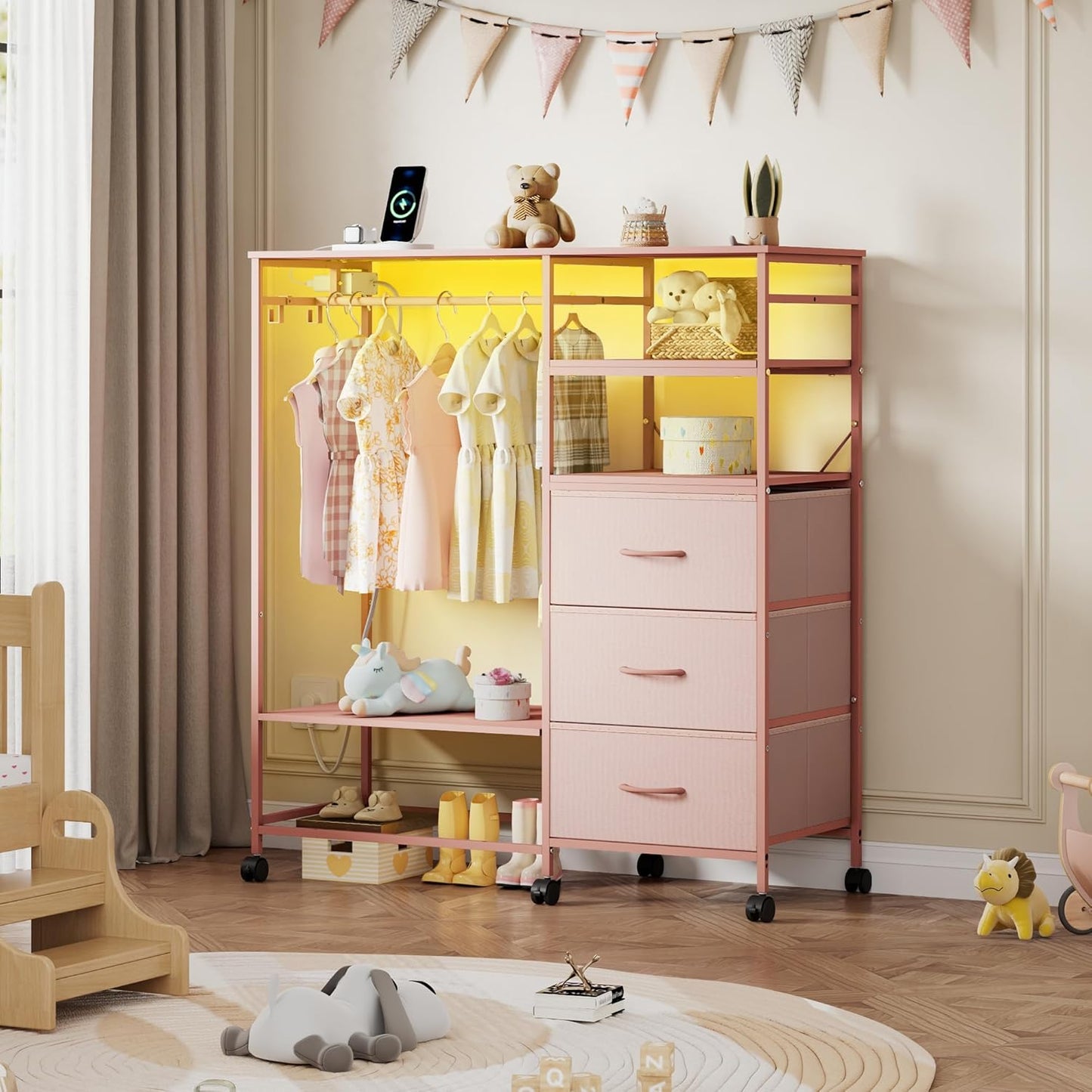 WLIVE 42''W Pink Dresser for Bedroom with Hanging Rack, 3 Drawer Dresser with LED Lights & Charging Station, Fabric Dressers & Chest of Drawers, Storage Organizer with Open Shelves for Living Room