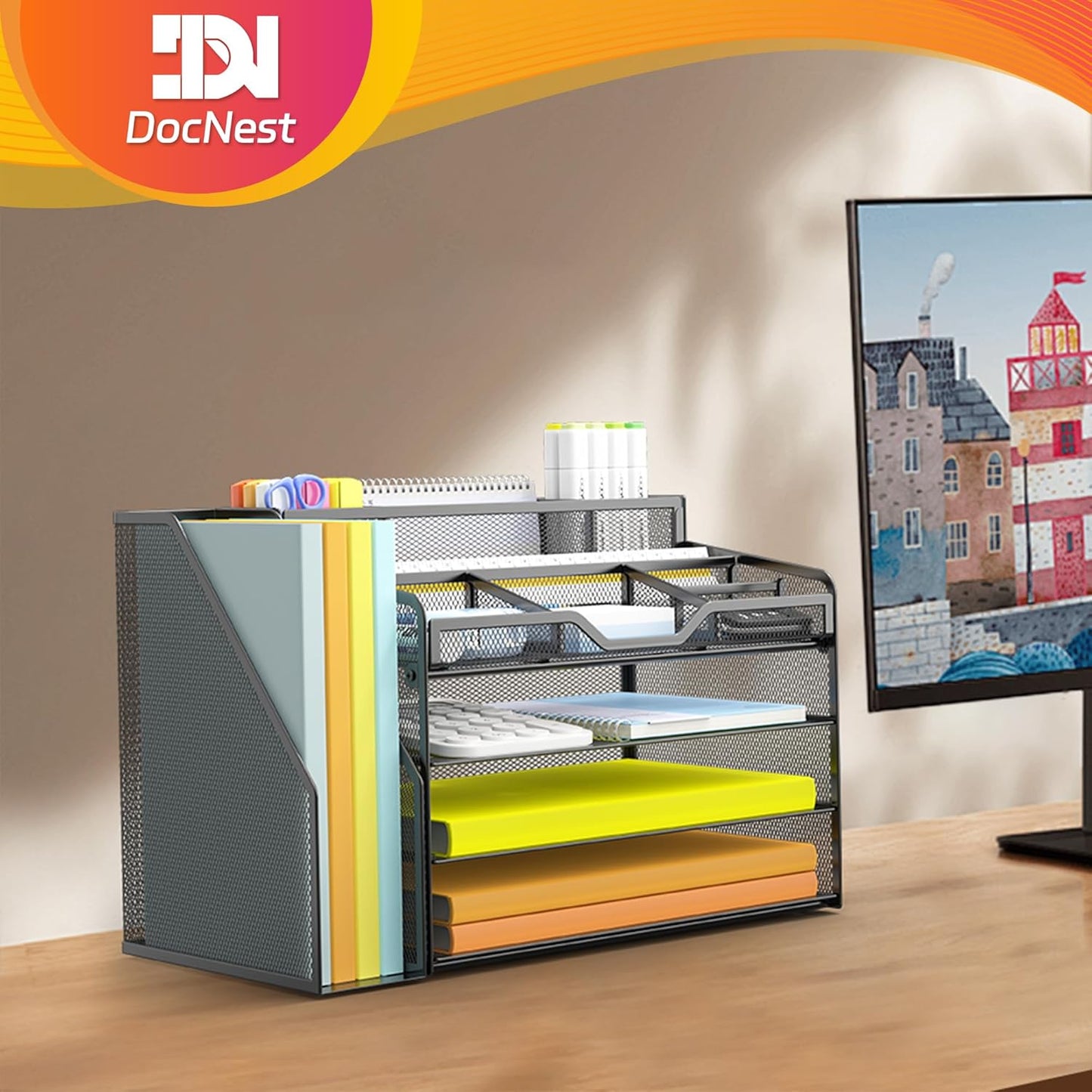 Docnest 4 Tier Mesh Desk Organizer with File Holder – Multi-Functional Paper Letter Tray with 5 Adjustable Compartments, 3 Pen Holders, Desktop Storage for Files, Mail, Stationery – Black