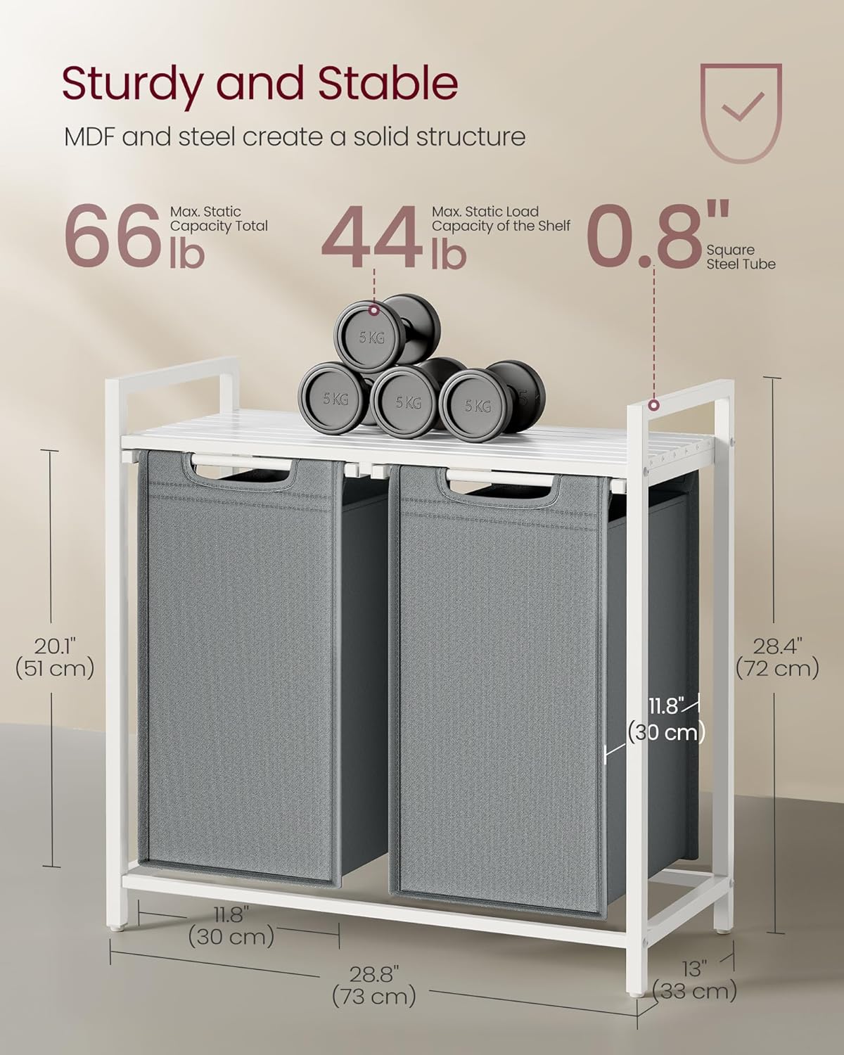 VASAGLE Laundry Hamper, Laundry Basket, Laundry Sorter with 2 Pull-Out and Removable Bags, Shelf, Metal Frame, 2 x 12.1 Gallons (46 L), 28.8 x 13 x 28.4 Inches, Slate Gray and Cloud White UBLH201W11