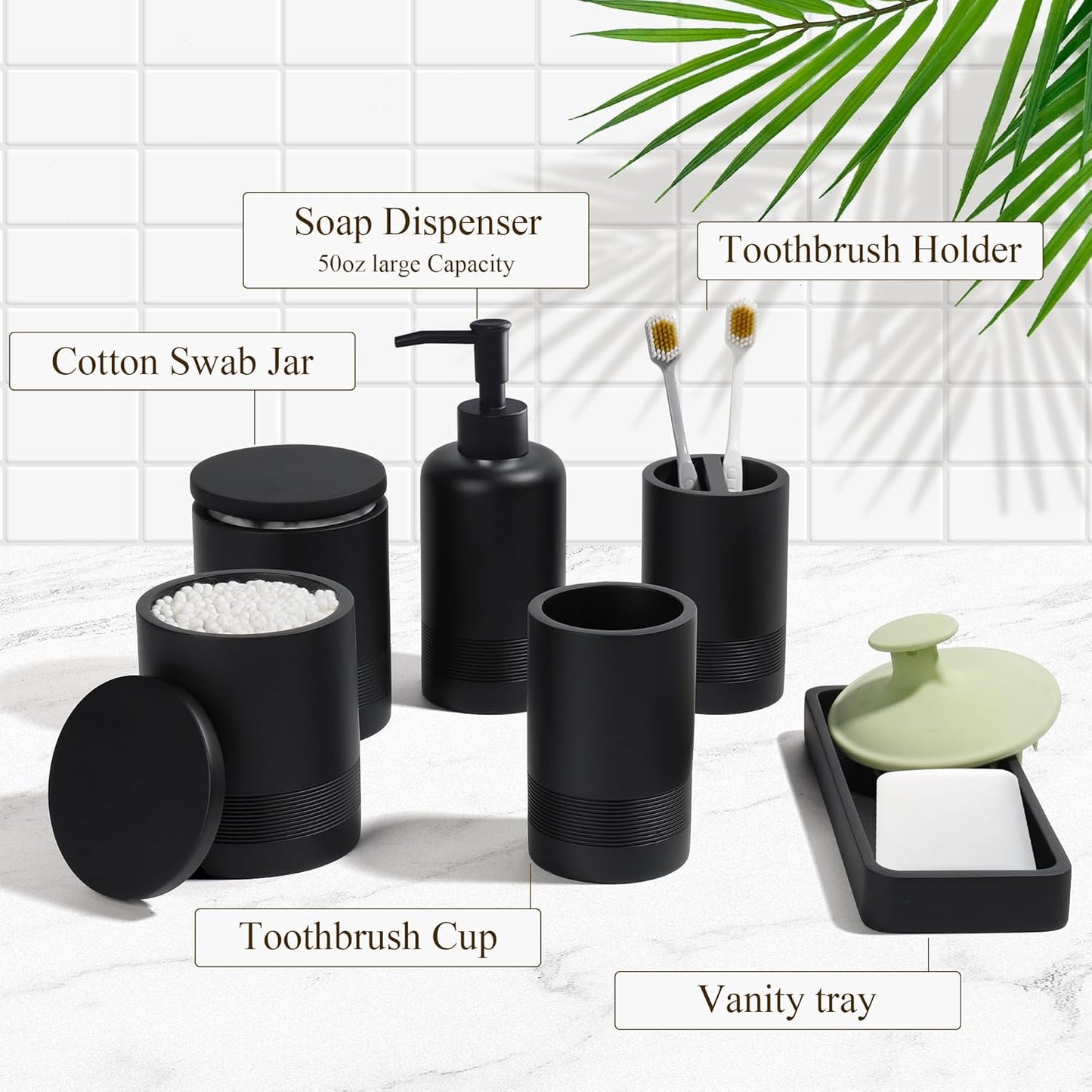 Bathroom Accessories Set, 6-Piece Bathroom Accessory Set, Toothbrush Holders Set, Soap Dispenser, Vanity Tray, Tumbler, Cotton Swab Jars, Bathroom Organizer for Modern Bathrooms(Matte Black)
