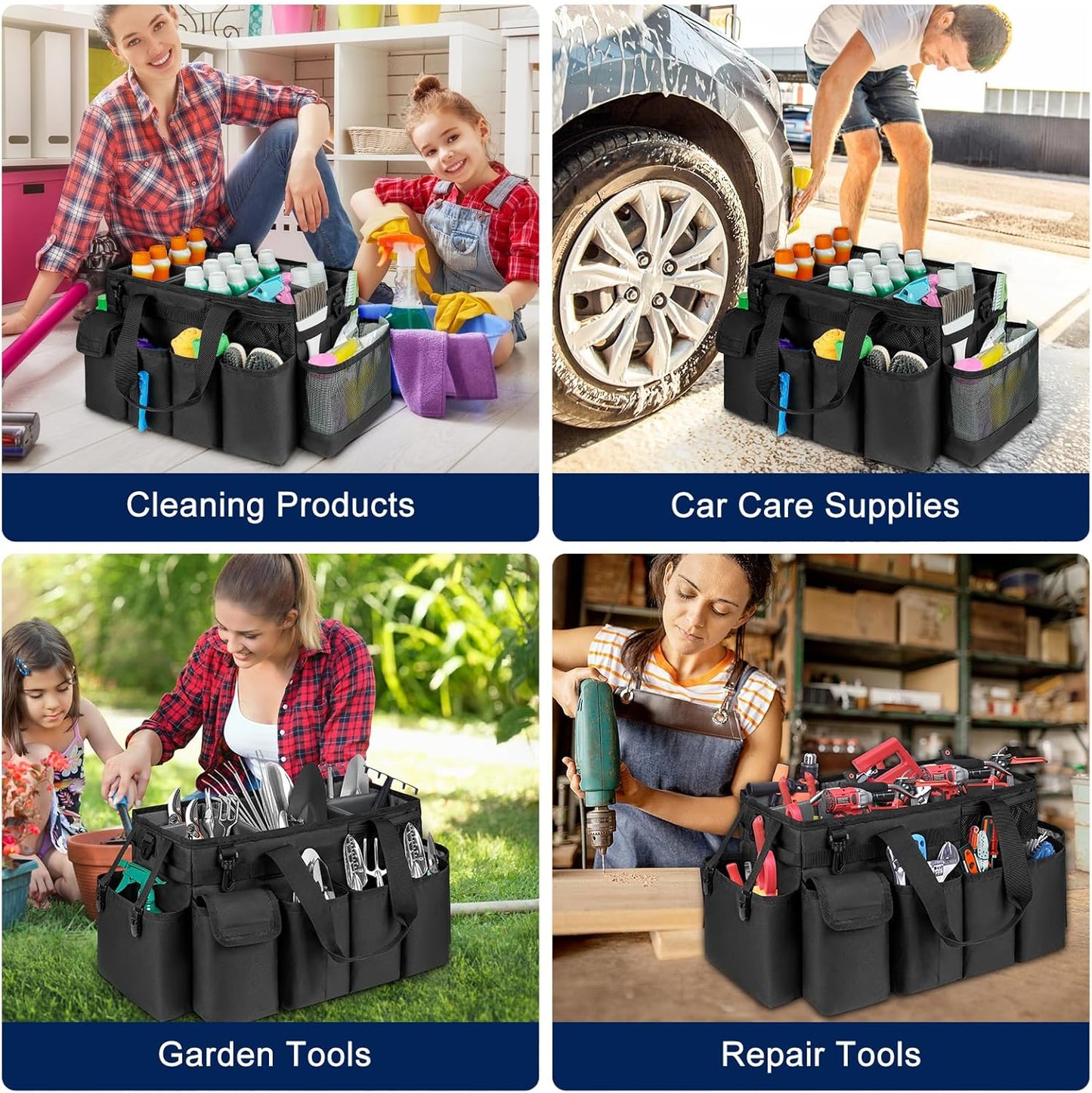 Cleaning Caddy Bag,Extra Large Cleaning Supplies Organizer with Handle for Housekeepers,Black