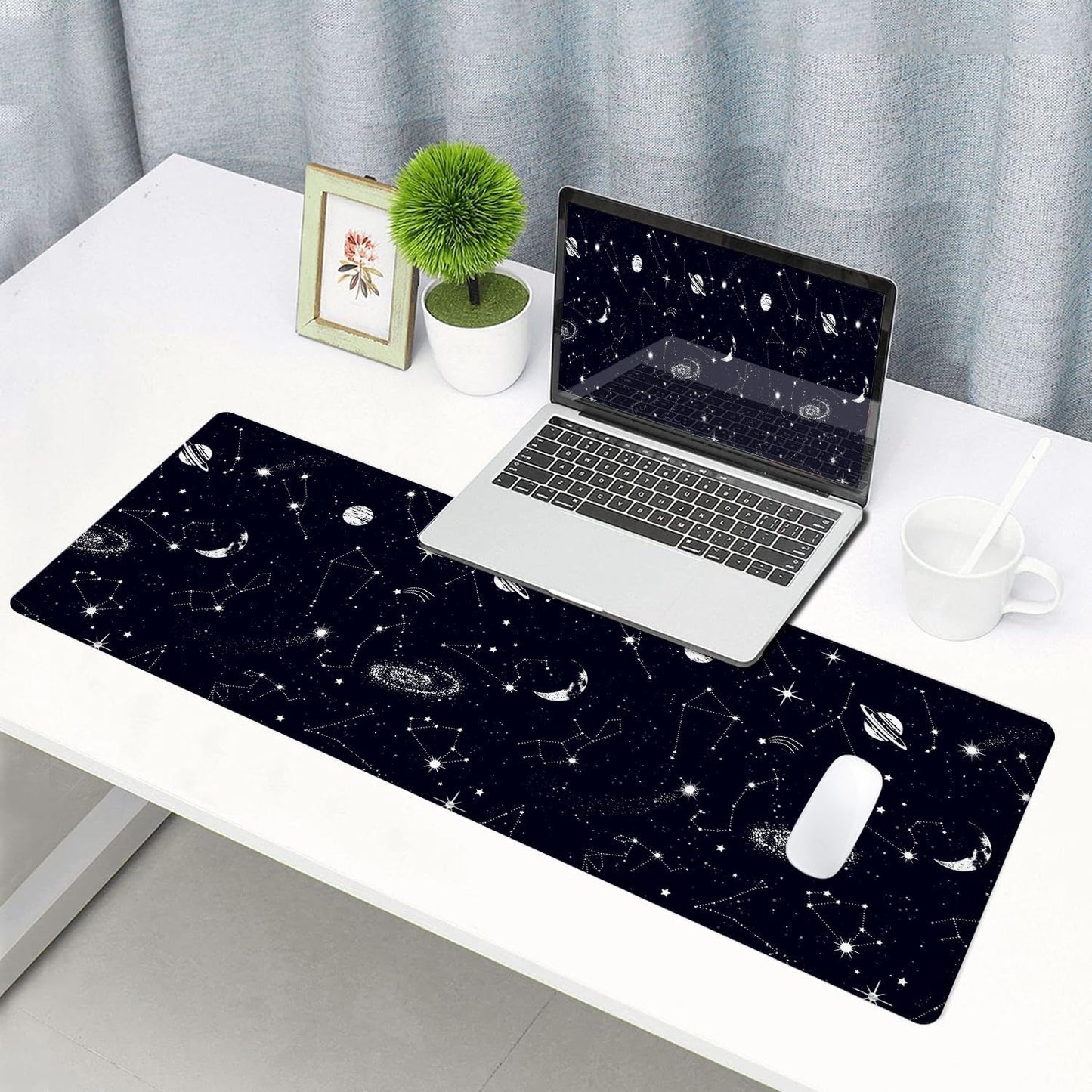 Large Gaming Mouse Pad with Stitched Edges, Black Constellation Desk Mat Extended Keyboard Pad, Non-Slip Rubber Base Desk Pad for Keyboard and Mouse, 31.5X11.8 inch, Sun and Moon