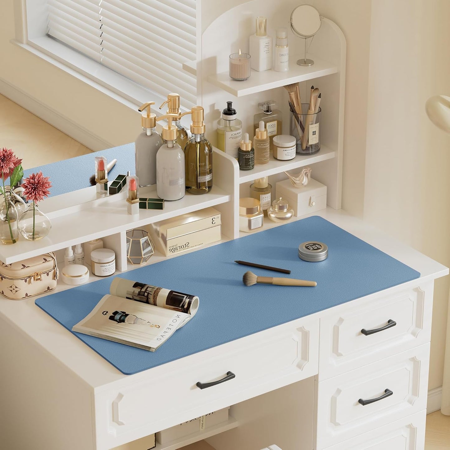 Aothia Faux Leather Desk Mat – Large Mouse Pad, Non-Slip PU Leather Blotter, Waterproof Writing Surface for Office and Home (Denim Blue, 47.2" x 23.6")