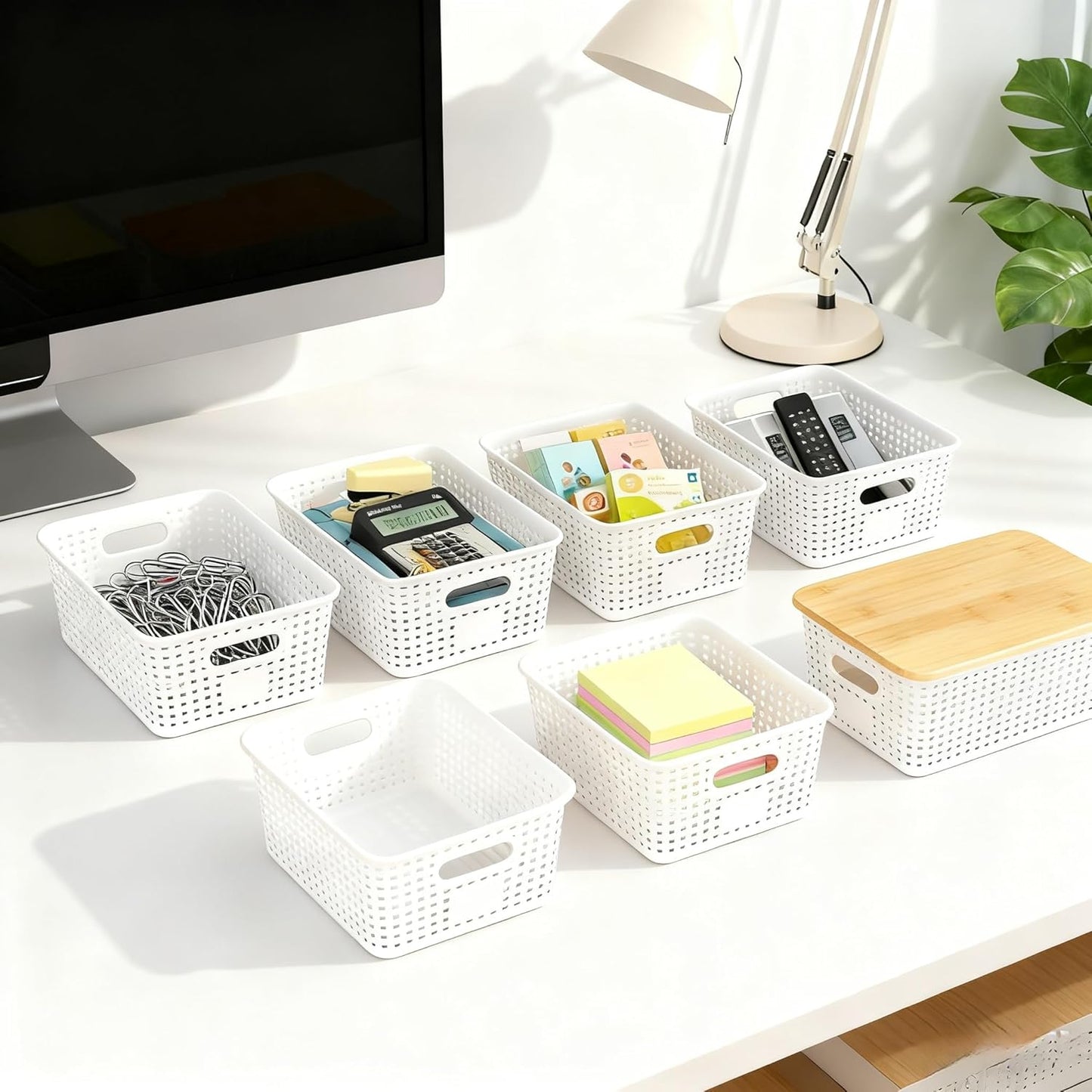 Small Plastic Storage Bins with Bamboo Lid - Plastic Storage Container with Lid - Stackable storage baskets for organizing: Storage box for Drawers Office Closet Shelf Organizing,10x7x4 In-White-6 Pcs