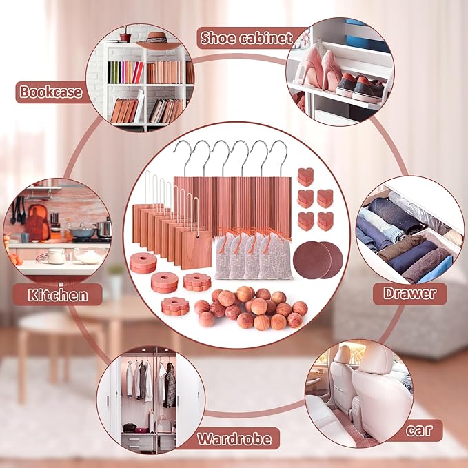 Woodever Cedar Blocks for Clothes Storage 56 Pcs, 100% Aromatic Planks with Metal Hooks, Cedar Wood Chips and Balls for Closets and Drawers, Fresh Scented Sachets