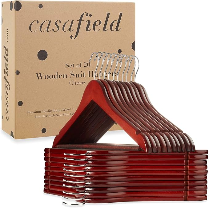 Casafield - 20 Cherry Wooden Suit Hangers - Premium Lotus Wood with Notches & Chrome Swivel Hook for Dress Clothes, Coats, Jackets, Pants, Shirts, Skirts