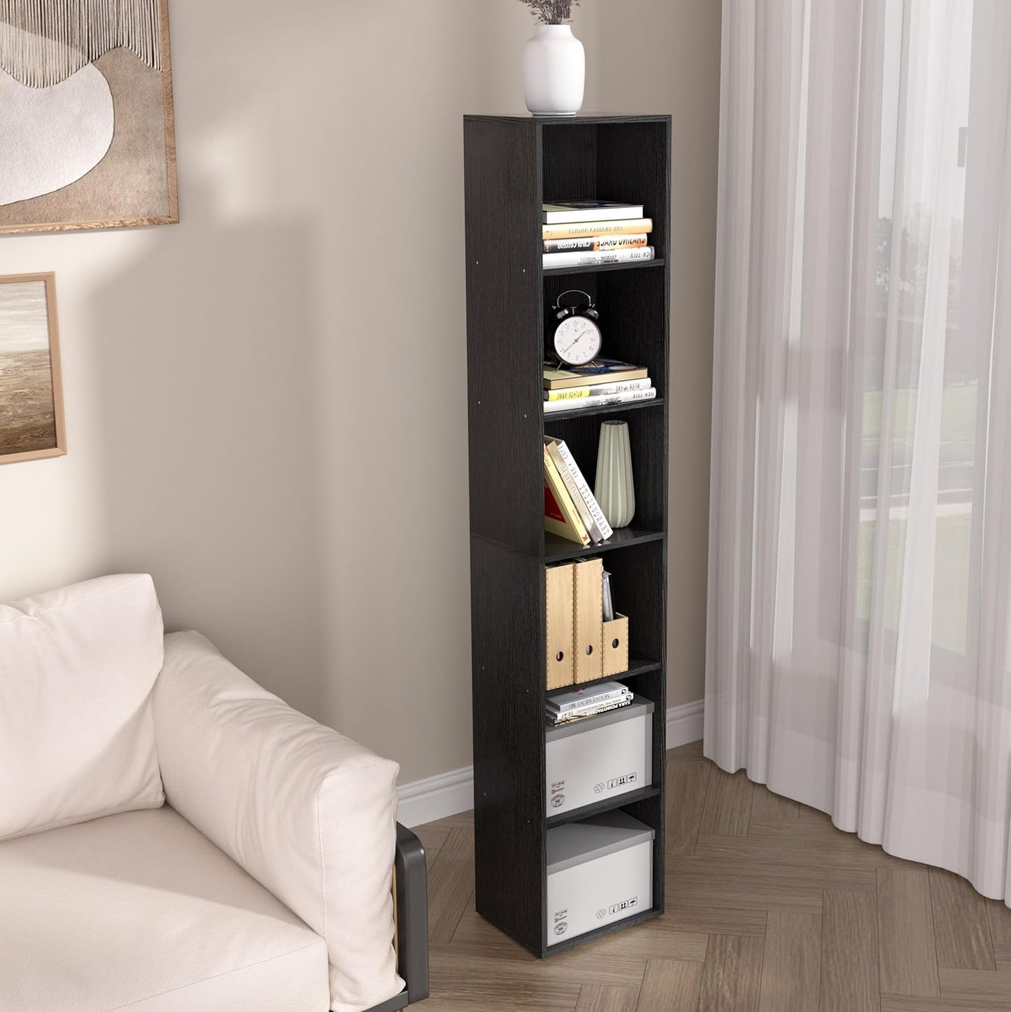 Wooden 6 Cube Storage Organizer, 6 Tier Storage Cubes Storage Display Cubby, 62 Inch Tall Versatile Cubes Shelf and Cubby Organizer for Any Space (Black, 6 Cube-W(11.8inch)