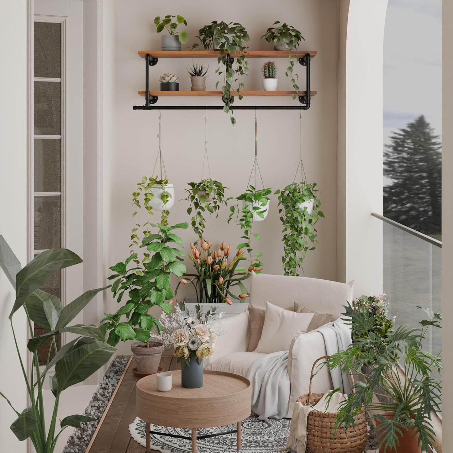 Wall Mounted Clothes Rack 12 Inch Deep, 48 Inch Heavy Duty Garment Rack with Real Brown Wood Shelf, Multi-Purpose Hanging Rod & Space-Saving Closet Storage Organizer