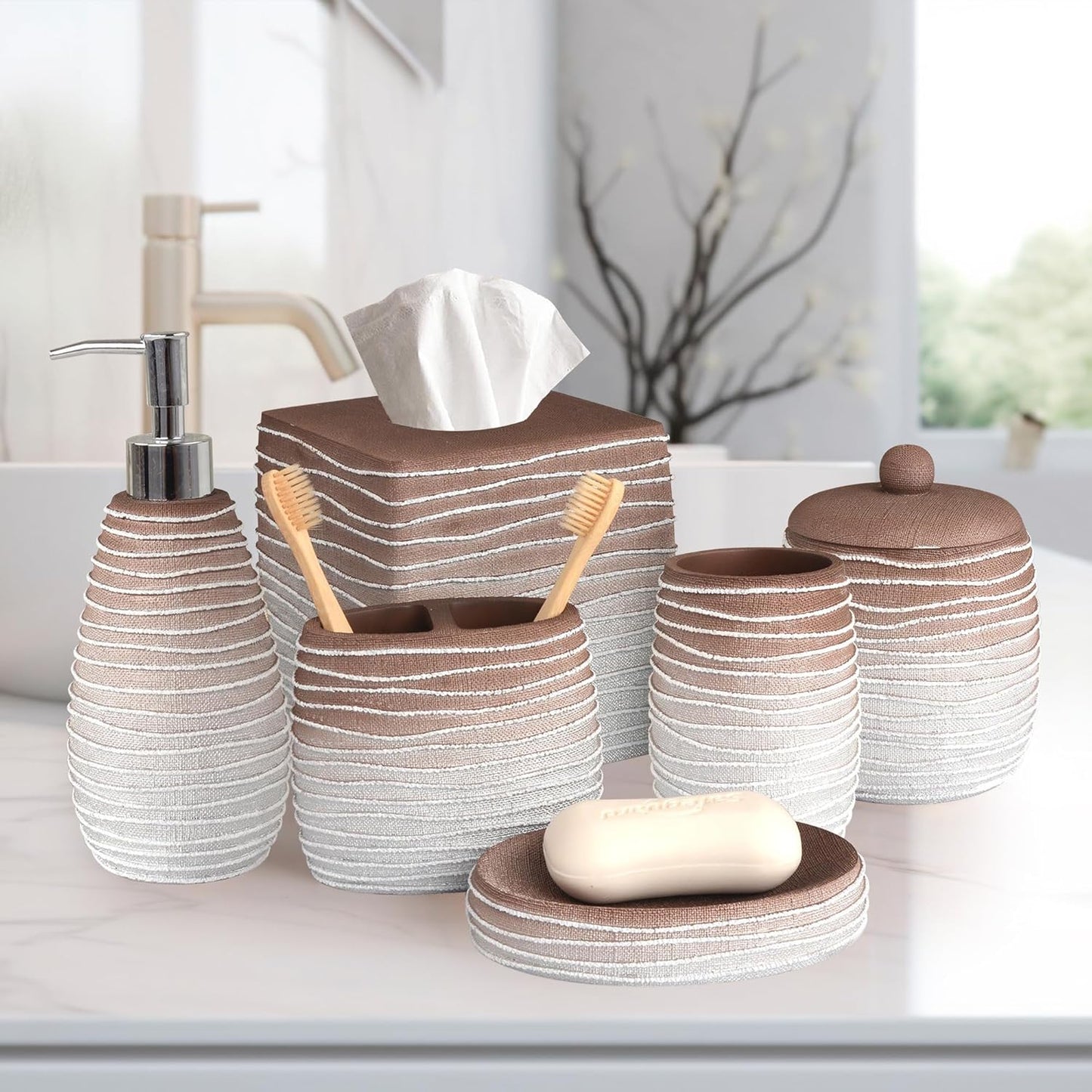 6-Piece Bathroom Accessories Set – Soap Dispenser, Toothbrush Holder, Tumbler, Soap Dish, Cotton Swab Jar & Toilet Brush – Modern Bathroom Decor Set (Antonetta)