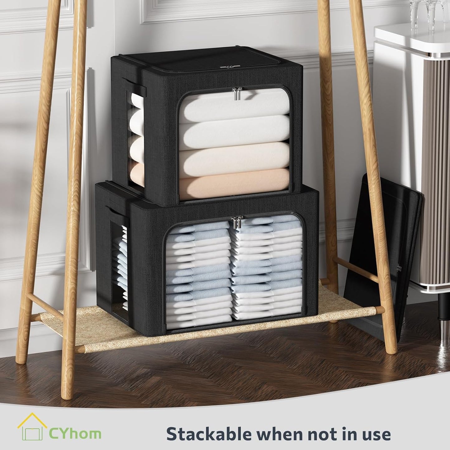 CYhom 3Pack Foldable Storage Bins - Frame Storage Box Linen Fabric Stackable Clothes Container Organizer with Clear Window & Carry Handles Large Capacity (Medium-36L, Black)