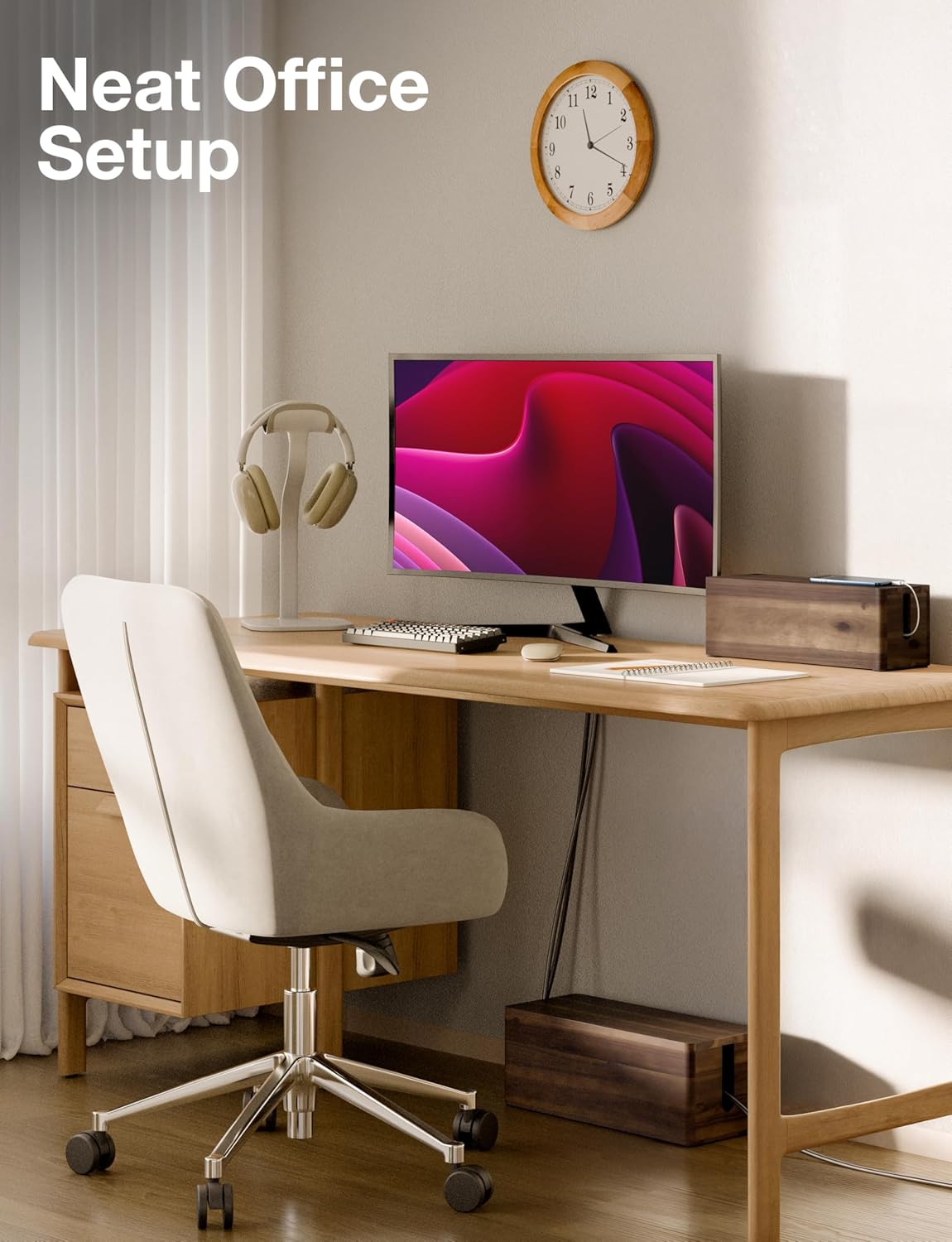 Acacia Large Cable Management Box - Set of 2 Cord Box Hider for Office - Cable Hider Box, Surge Protector Box for TV Wires, Desk - Power Strip Box with 2 Open Slots, Magnetic Lid (Walnut color)