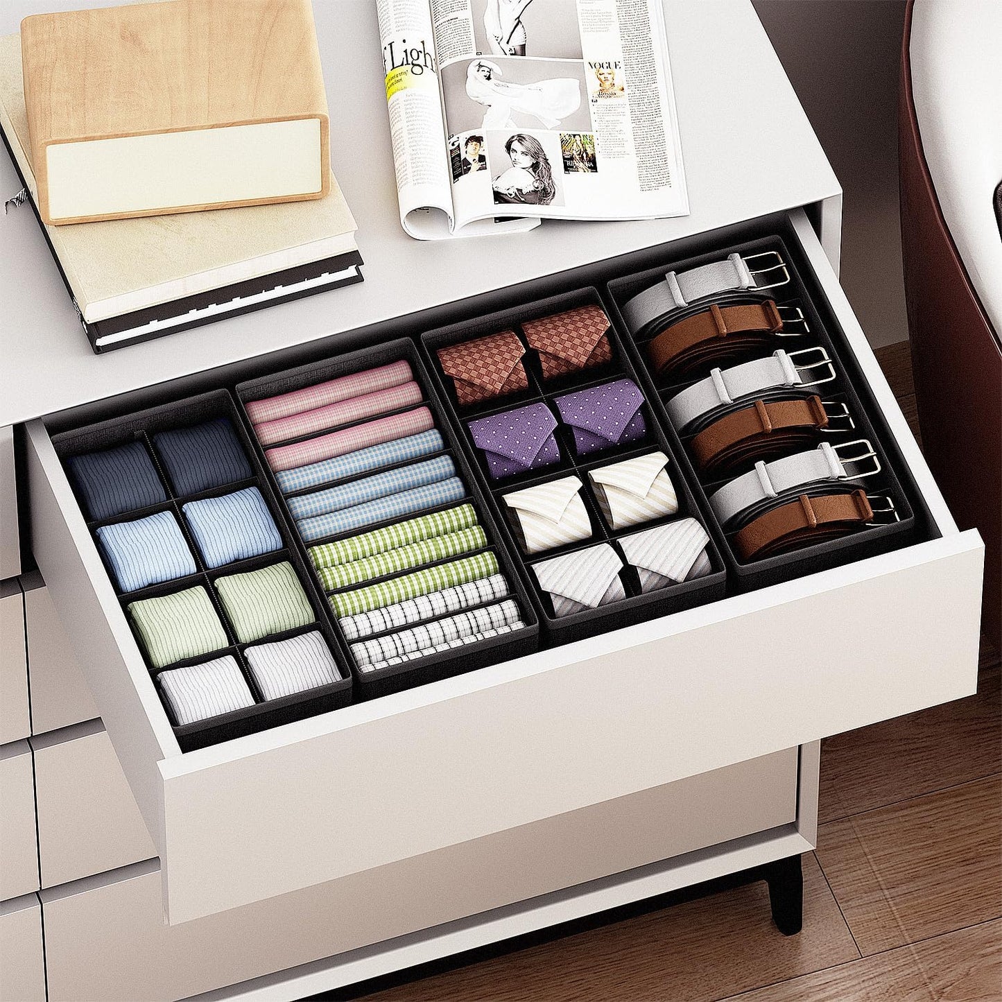 4 PACK Sock Underwear Drawer Organizer Dividers, Collapsible Cabinet Closet Storage Boxes for Clothes, Socks, Lingerie, Underwear, Tie, Belt,Bedroomedroom