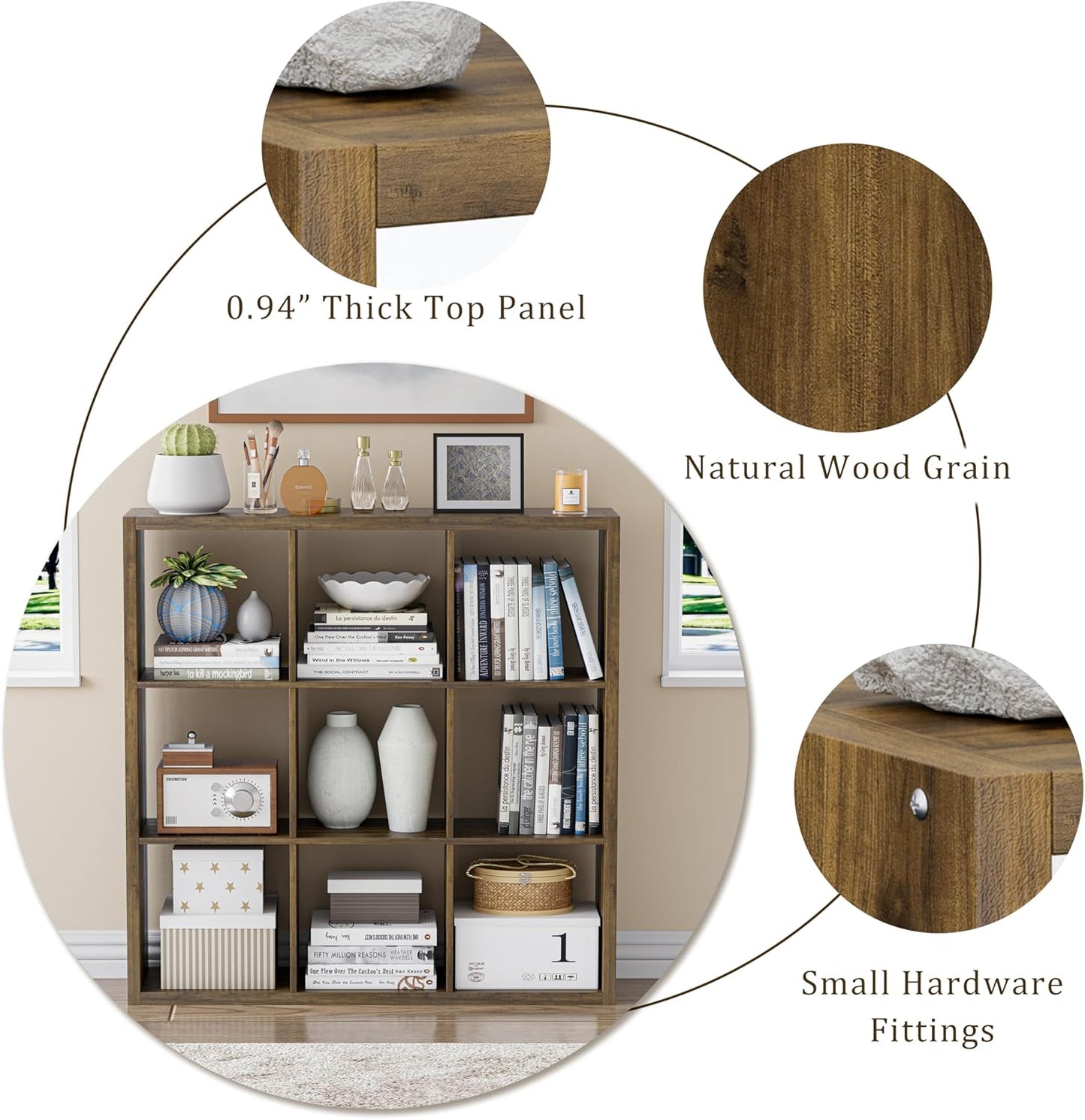 Cube Storage Organizer Bookcase, Decorative 11 inch Open Back Cubical Shelf with Thickened Border, Display Bookshelf for Living Room, Home Office, Sturdy Room (Brown, 9 Cube)