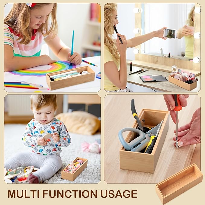 Kigley 8 Pieces Bamboo Drawer Organizer Kitchen Utensils Wooden Utensil Stackable Wooden Storage Box Bamboo Silverware Tray for Drawer(9 x 3 x 2 Inch,Wood)