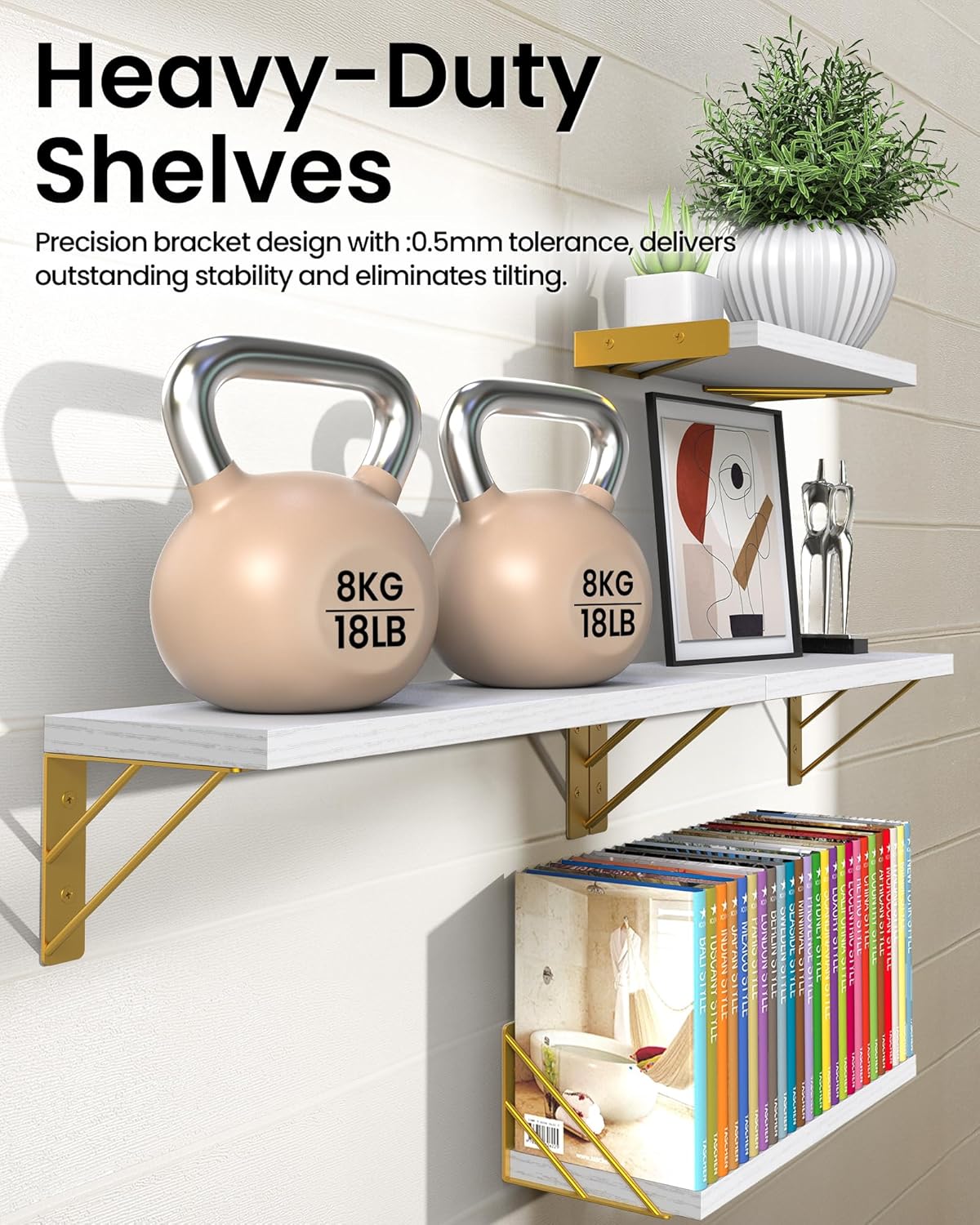 BAYKA Wall Shelves for Bedroom Decor, Floating Wall Shelf for Living Room Kitchen Storage, Mounted Rustic Wood Shelves for Kids Books, Corner Shelf for Bathroom(White and Gold,Set of 4)