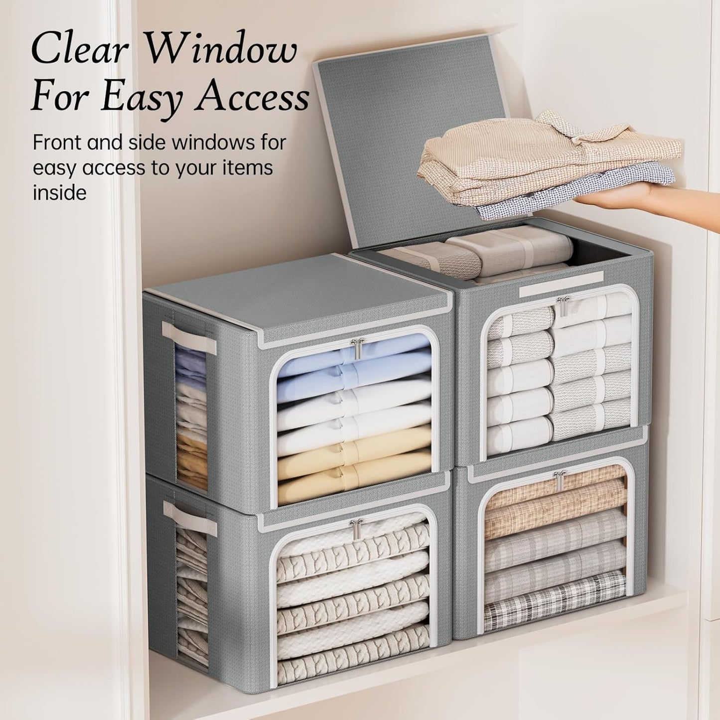 Yecaye Clothes Storage Bins with Metal Frame, 40L Foldable Clothing Storage Bins with Lid, Stackable Zippered Clothes Storage Bags, Oxford Fabric Organizer Box With Clear Window& PU Leather Handles