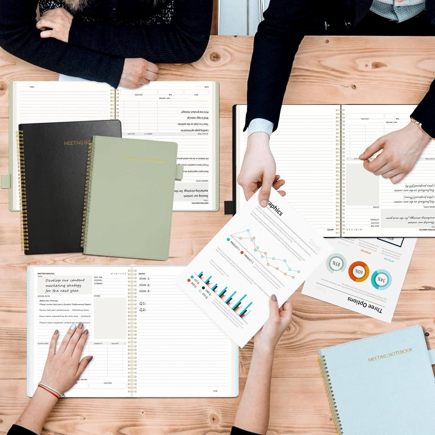 SUNEE Half Meeting Half Note - 8.5"x11" Professional Notebooks for Work - 160 Pages, A4 Size Project Planner, Spiral Meeting Agenda Organizer for Women Men, Note Taking,Office with Vegan Leather Cover