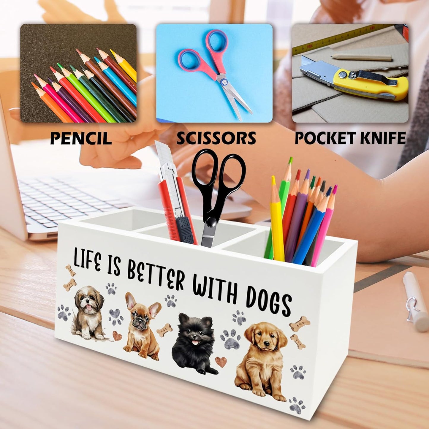 Dog Pen Pencil Holder Organizer for Desk, Dog Lovers Mom Gifts for Women, Life Is Better with Dogs Wooden Box Signs Decorations for Home Office Desk Tabletop, Gifts for Pet Lovers