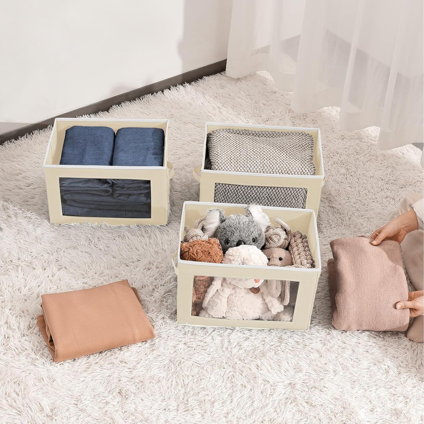 Fabric Storage Bins with Lids, Storage Cubes with Window, Decorative Storage Boxes Baskets for Organizing, Closet Organizer Storage Bins for Home, Office, 3 Packs, Beige