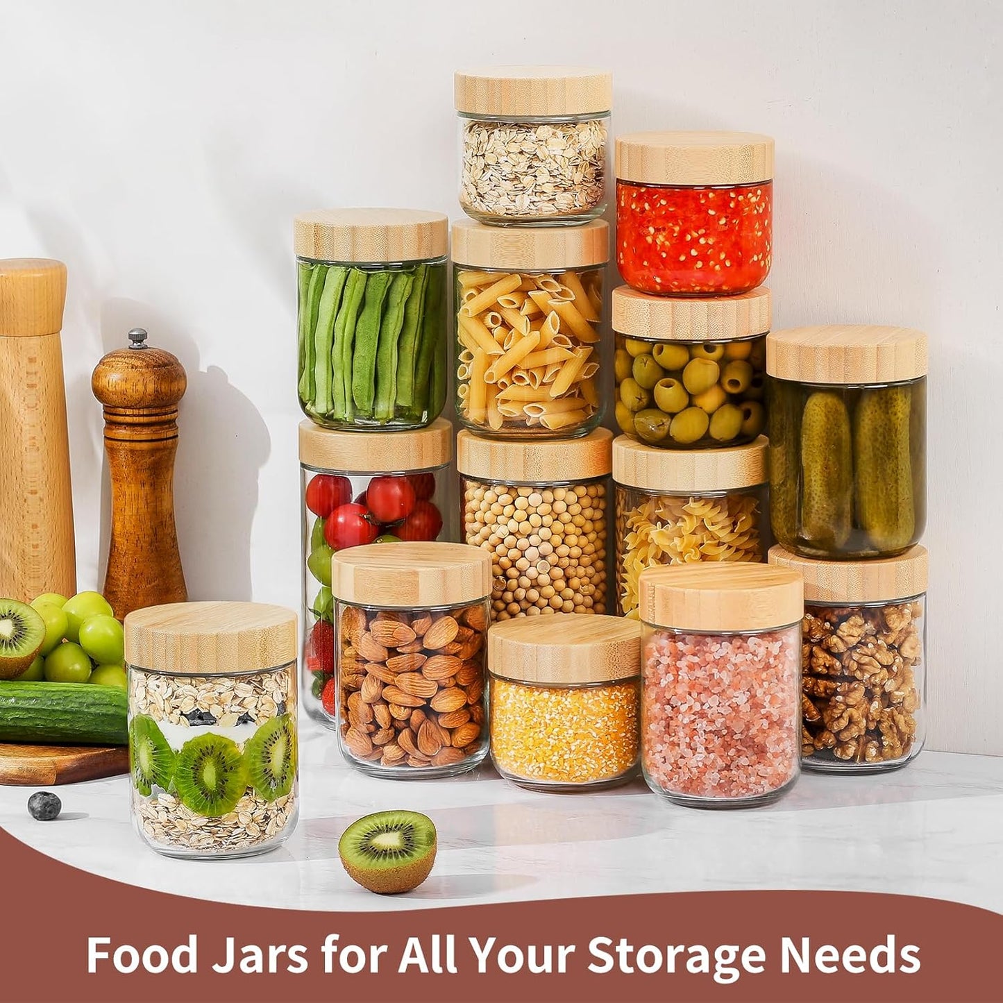 DRKIO 16 Oz Overnight Oats Containers with Bamboo Lids - 4 Pack Glass Storage Jars with Airtight Lids Wide Mouth Mason Food Jars Great for Meal Prep Salad Chia Pudding Snacks Yogurt Sugar Spice Cereal