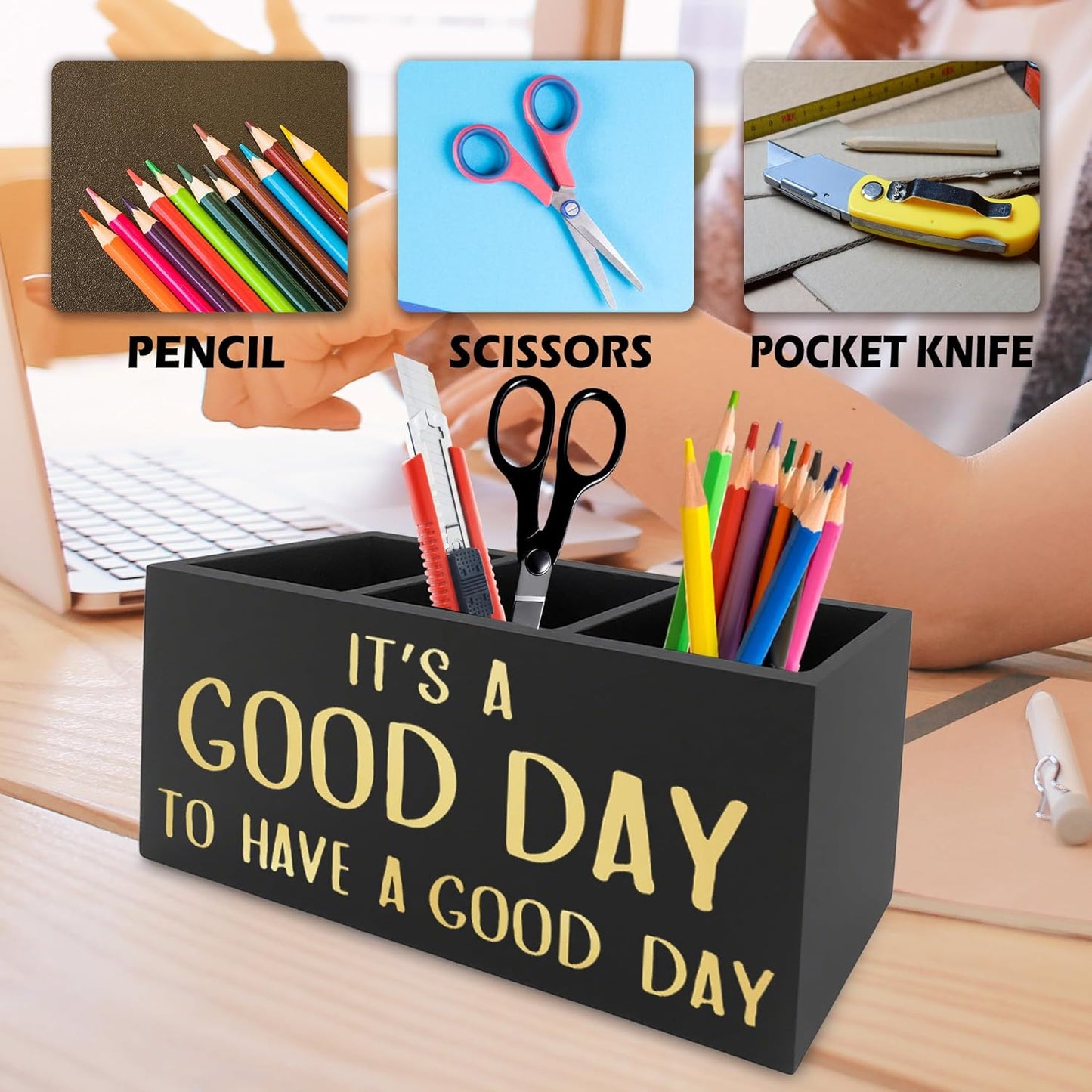 Inspirational Office Pen Pencil Holder Organizer for Desk, It's a Good Day to Have a Good Day Positive Wooden Box Signs Decorations for Home Office Desk Tabletop, Motivational Gifts for Women