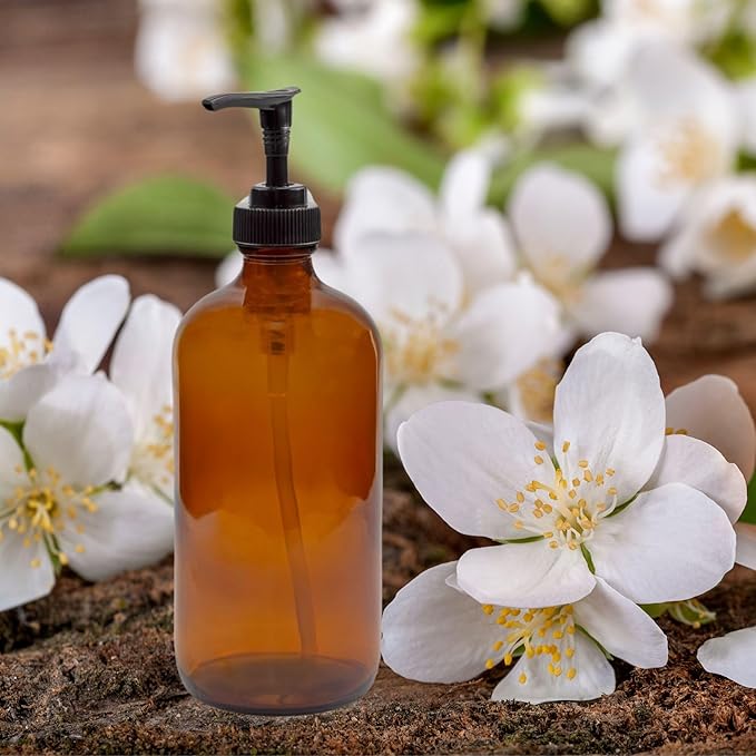 Cornucopia Brands 4oz Amber Glass Pump Bottles (Pack of 4) Great for Lotions, Liquid Soap, Aromatherapy and More