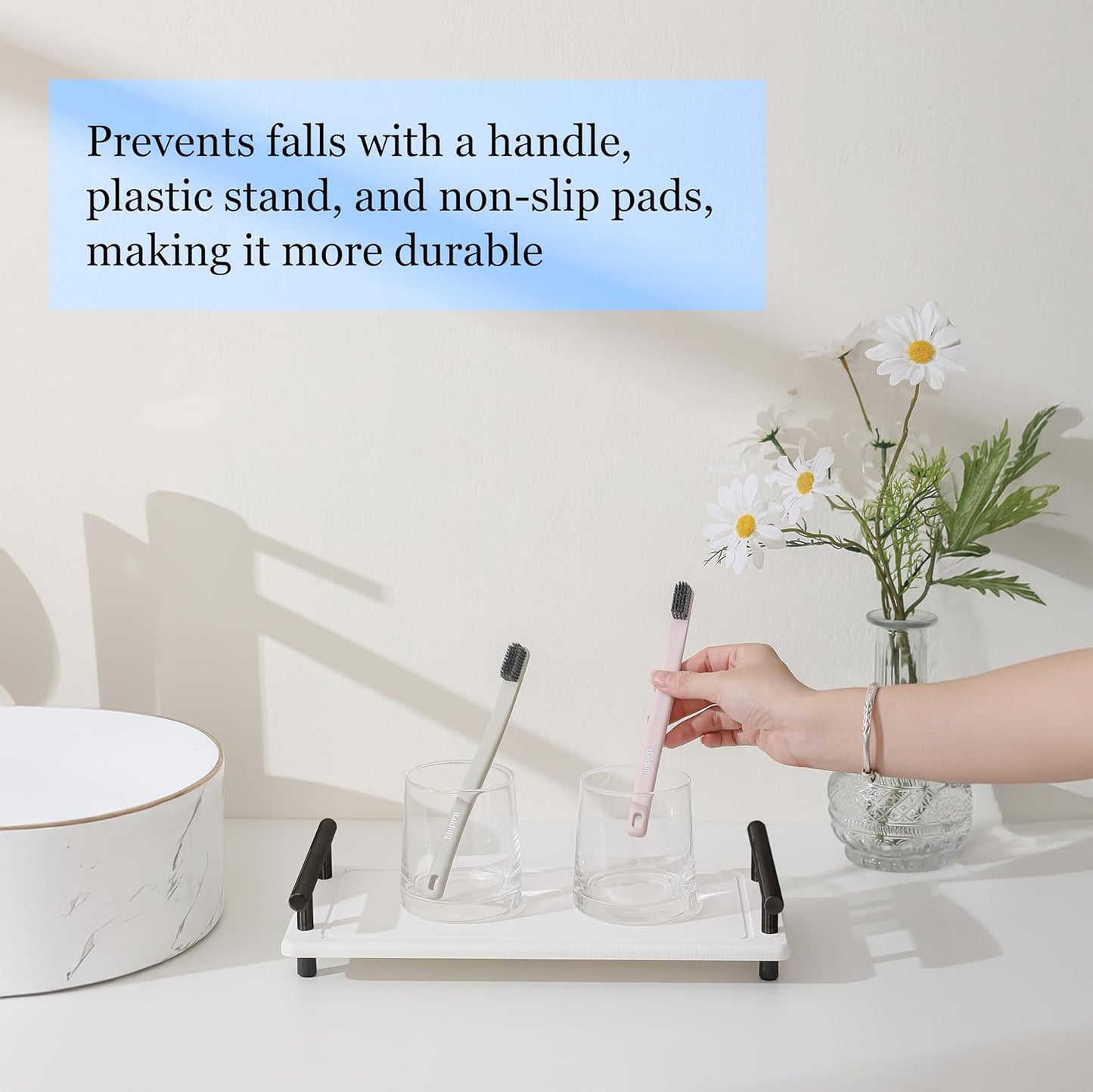 2Pcs Instant Dry Sink Caddy, Water Absorbent Diatomite Tray for Sink, Stone Drying Tray with Metal Handle, Keeping Kitchen and Bathroom Tidy and Clean (White & Black Handle, Large & Small)