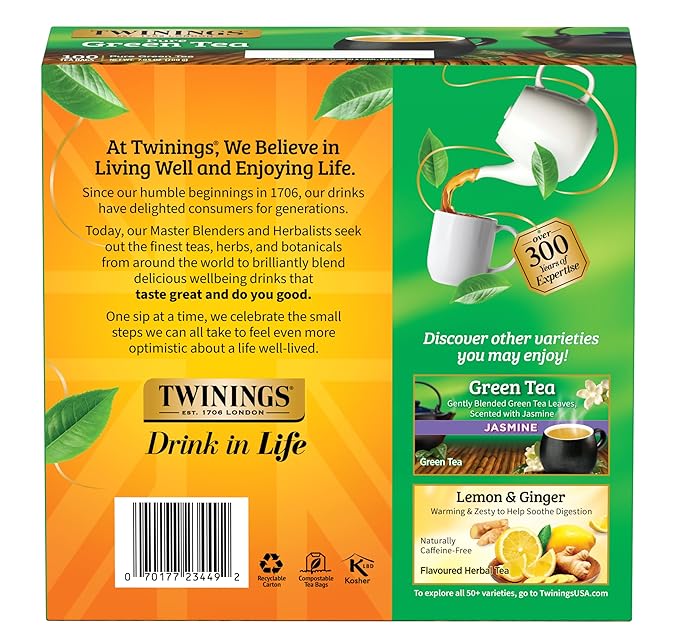 Twinings Pure Green Tea Individually Wrapped Bags, 100 Count (Pack of 1), Smooth & Refreshing, Caffeinated, Enjoy Hot or Iced, 100 Teabags