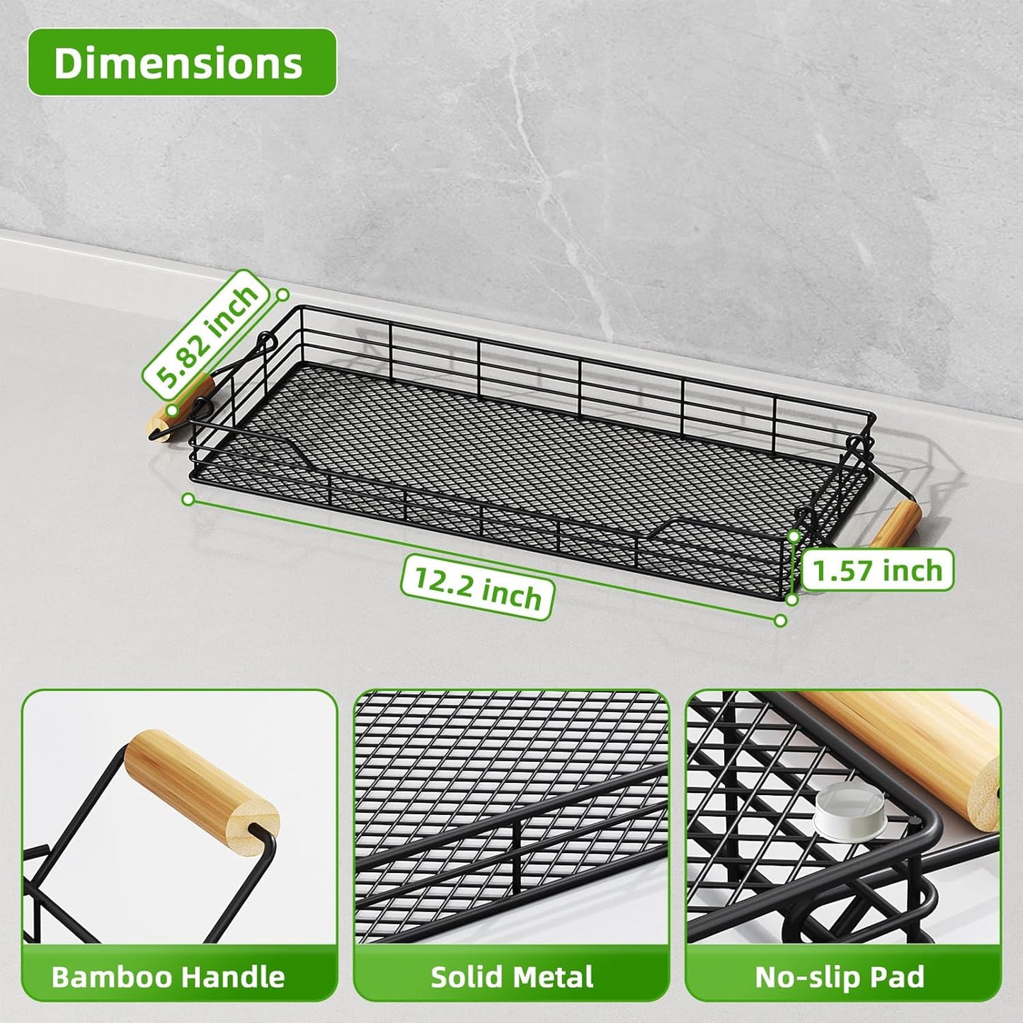 VITVITI Metal Toilet Paper Basket Storage, Bathroom Toilet Tank Tray with Bamboo Handle Countertop, Back of Toilets Tray Basket for Vanity Kitchen Counter Decor, Black