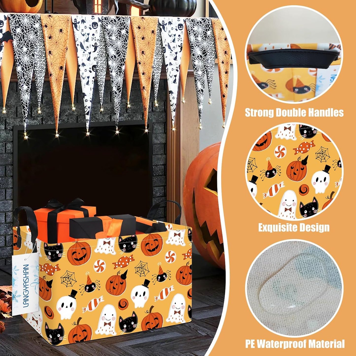 LANGYASHAN Rectangular Halloween Storage Bin Collapse Canvas Fabric Cartoon Storage Basket Home Kitchen Boys and Girls Toys Office Closet Shelf Baskets (Rec Halloween Pumpkin Ghost)