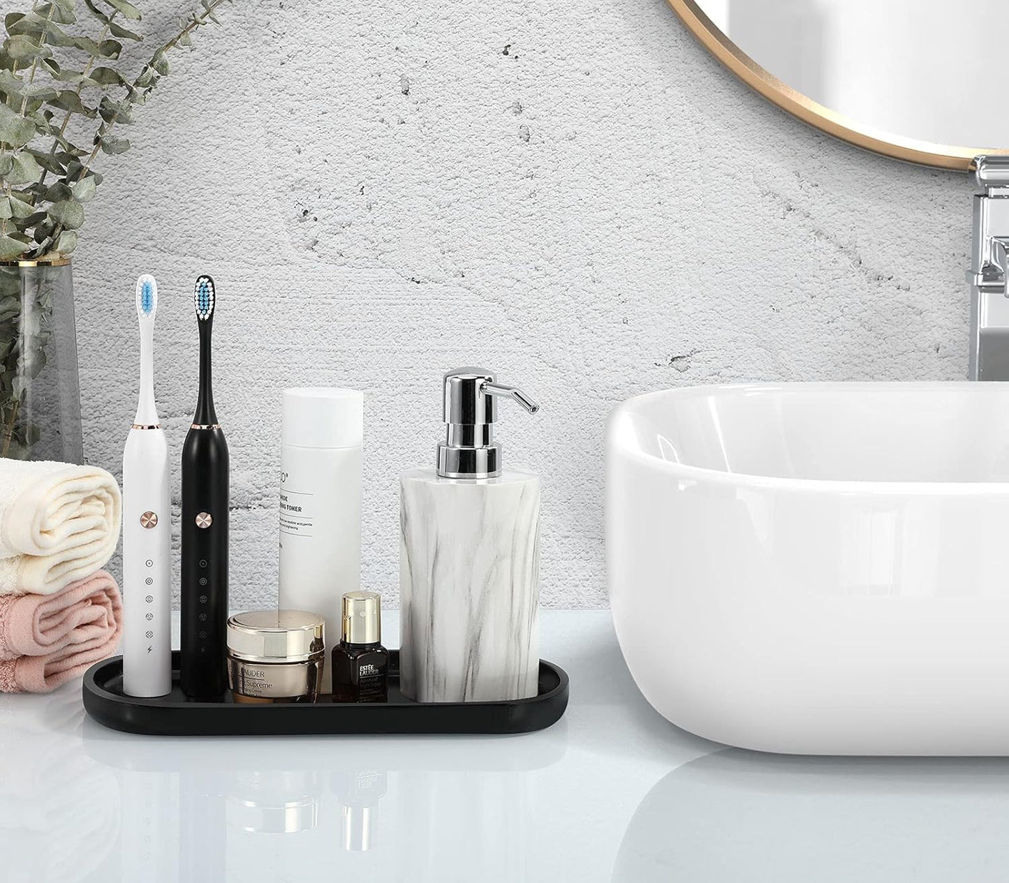 Luxspire Bathroom Vanity Tray, Oval Soap Dispenser Tray, 10" Kitchen Counter Trays, Handmade Resin Bathroom Tray for Counter, Toilet Tank Tray, Trinket Tray for Perfume Jewelry, Small, Matte Black