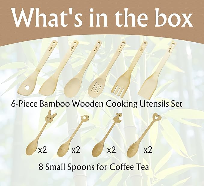 14-Piece Bamboo Wooden Kitchen Utensil Set - 6 Non-Scratch Heat-Resistant Cooking Tools with Storage Holes + 8 Small Spoons for Coffee, Tea, Eco-Friendly Sustainable Kitchen Gift Set