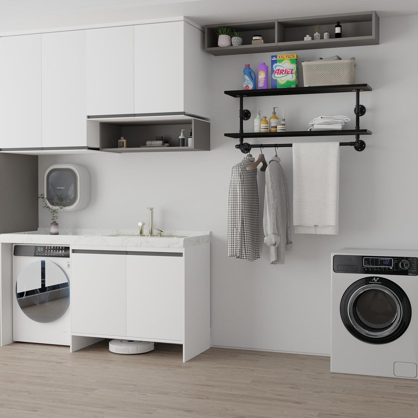 Black Clothes Rack 42in, 2-Tier Wall Mounted Garment Rack with Real Wood Shelf, Heavy Duty Hanging Clothes Rack, Multi-Purpose Hanging Rod, Space-Saving Closet Storage