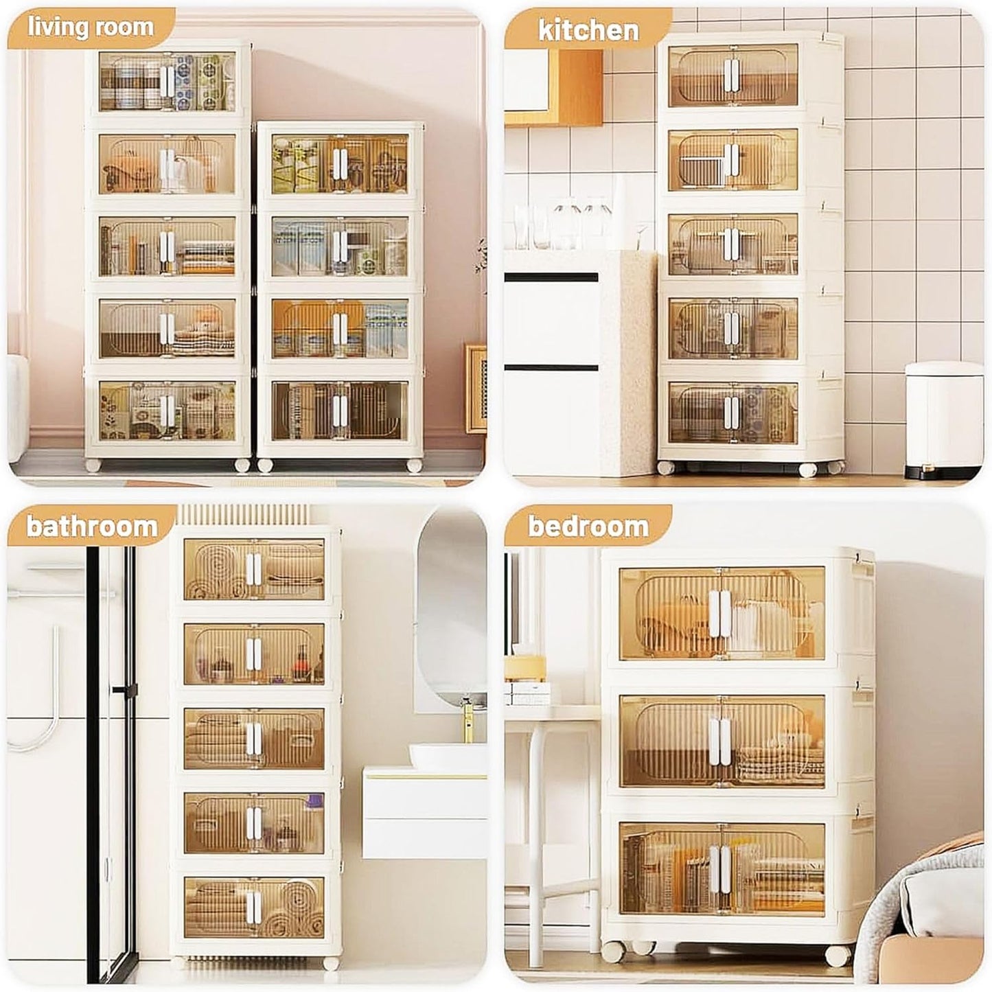 Holaki 195 QT Storage Bins with Lid, 5 Tiers Stackable Plastic Storage Bins Cabinet Box Collapsible Closet Organizers with Wheels and Magnetic Door,White