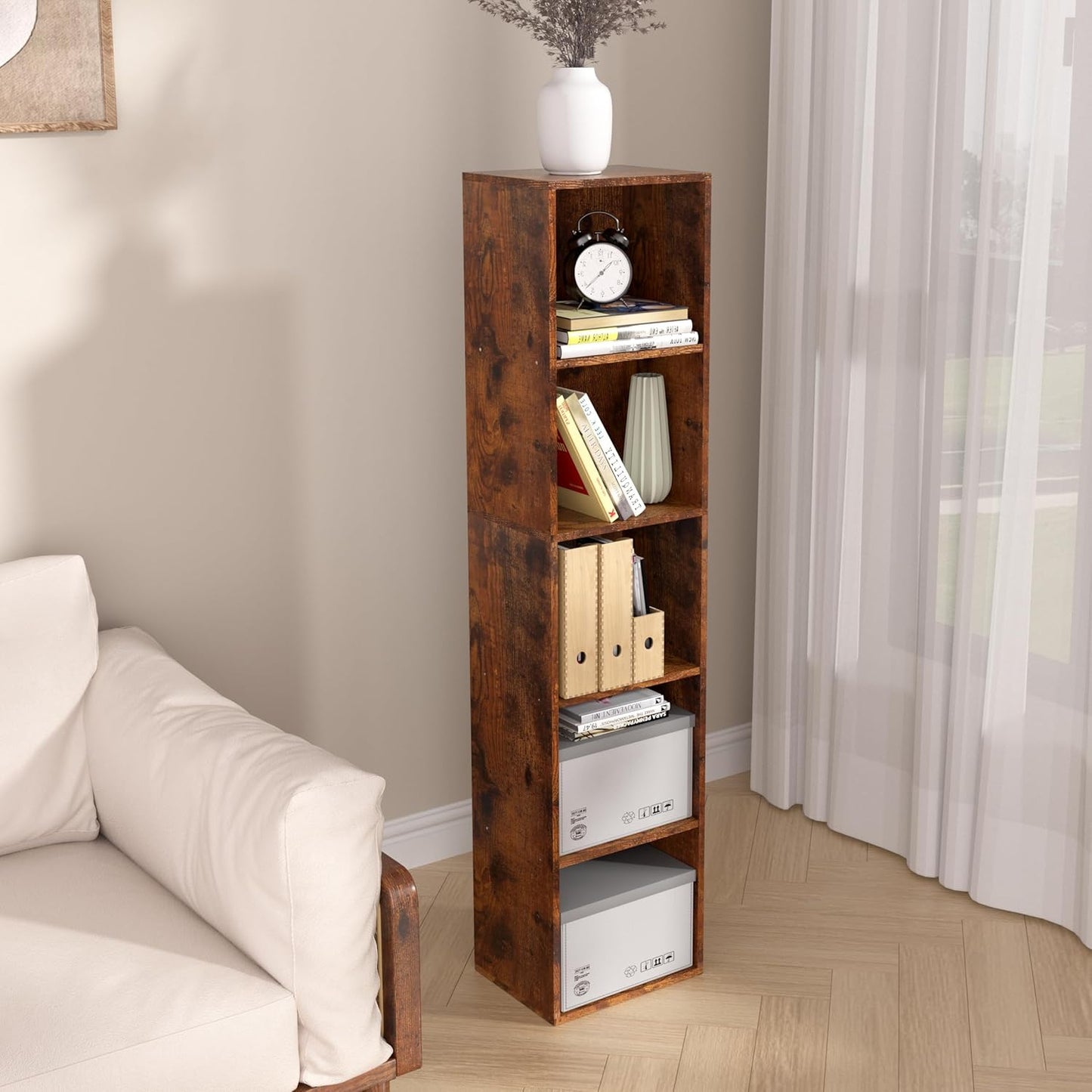 Wooden 5 Cube Storage Organizer, 5 Tier Storage Cubes Storage Display Cubby, 52 Inch Tall Versatile Cubes Shelf and Cubby Organizer for Any Space (Retro Brown, 5 Cube-W(11.8inch)