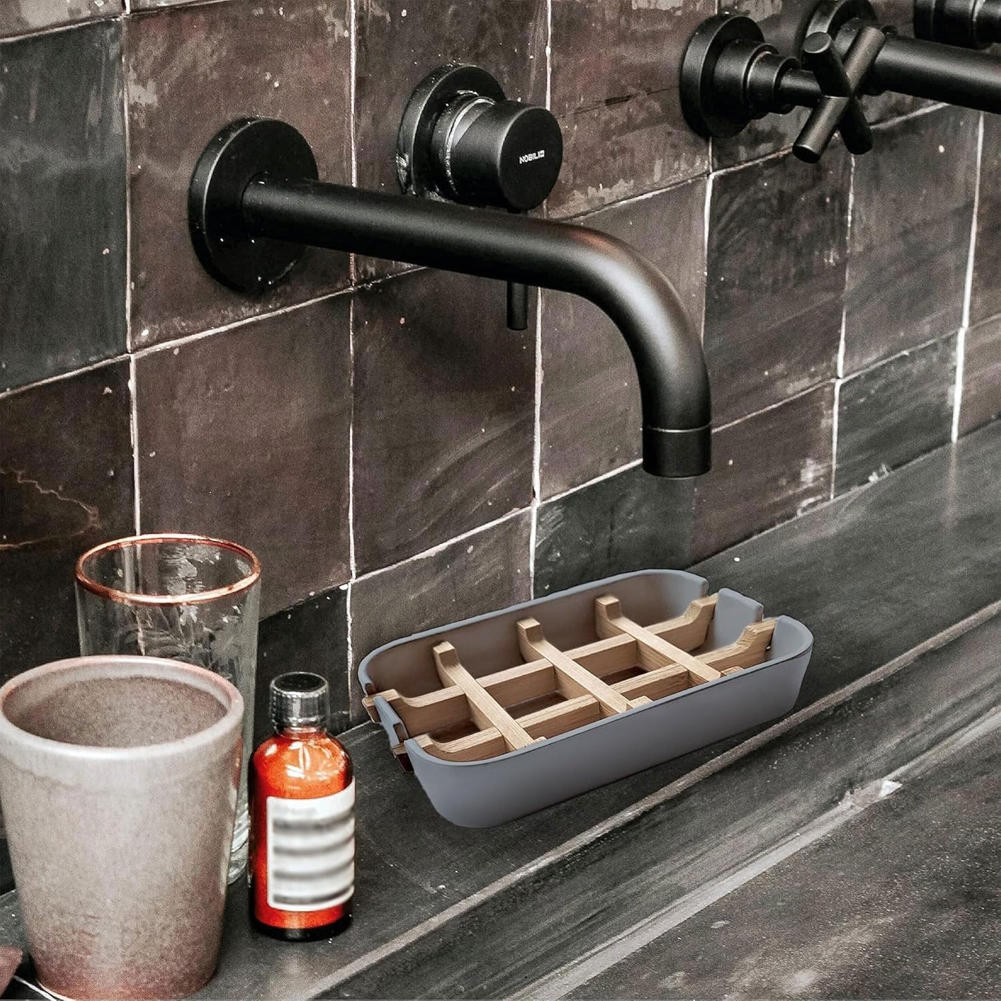 Aoheuo Modern Bamboo Fiber soap Holder and soap Dish Combination (Removable), Gray, 5.12 Long by 3 Wide, 0.98 inches high, Used in Kitchens, bathrooms, and bar Sinks