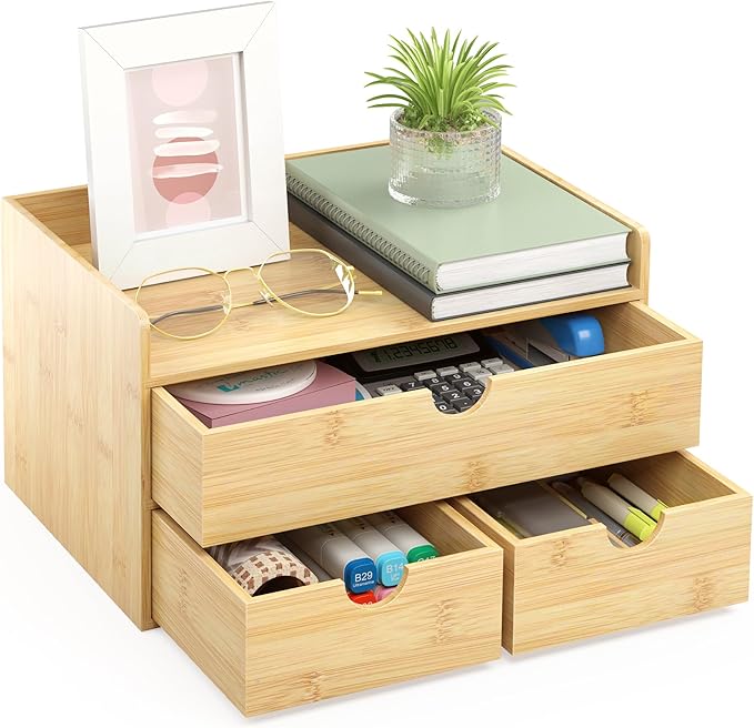 Wisuce Desk Organizer with Drawers - Bamboo Desktop Organizer Storage-Natural Wood Desk Drawers Organizer for Bills, Office Supplies, Cosmetics, Seals No Assembly Required (3 Drawers(top-bottom))