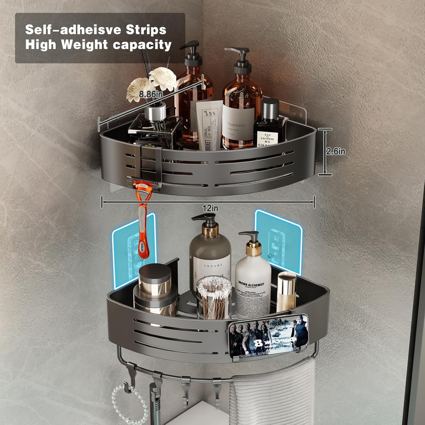 Voldra 2 Pack Corner Shower Shelves, Aluminum Stick On Showers Organizer, Modern Style, Triangular Corner Shelf, No Drilling Required