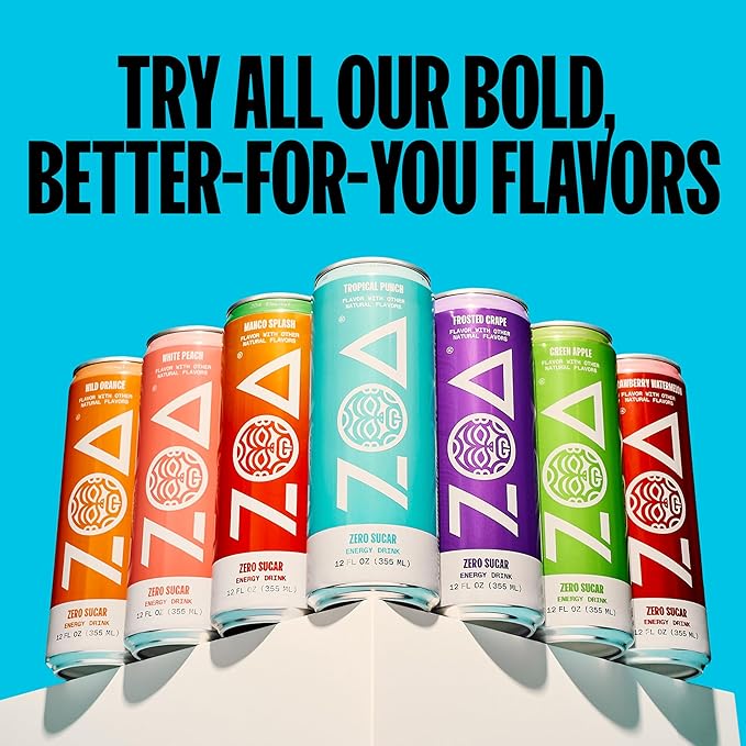 ZOA Energy Sugar Free Energy Drinks With Electrolytes For Hydration, Lemon Lime - 12 Fl Oz (12-Pack)