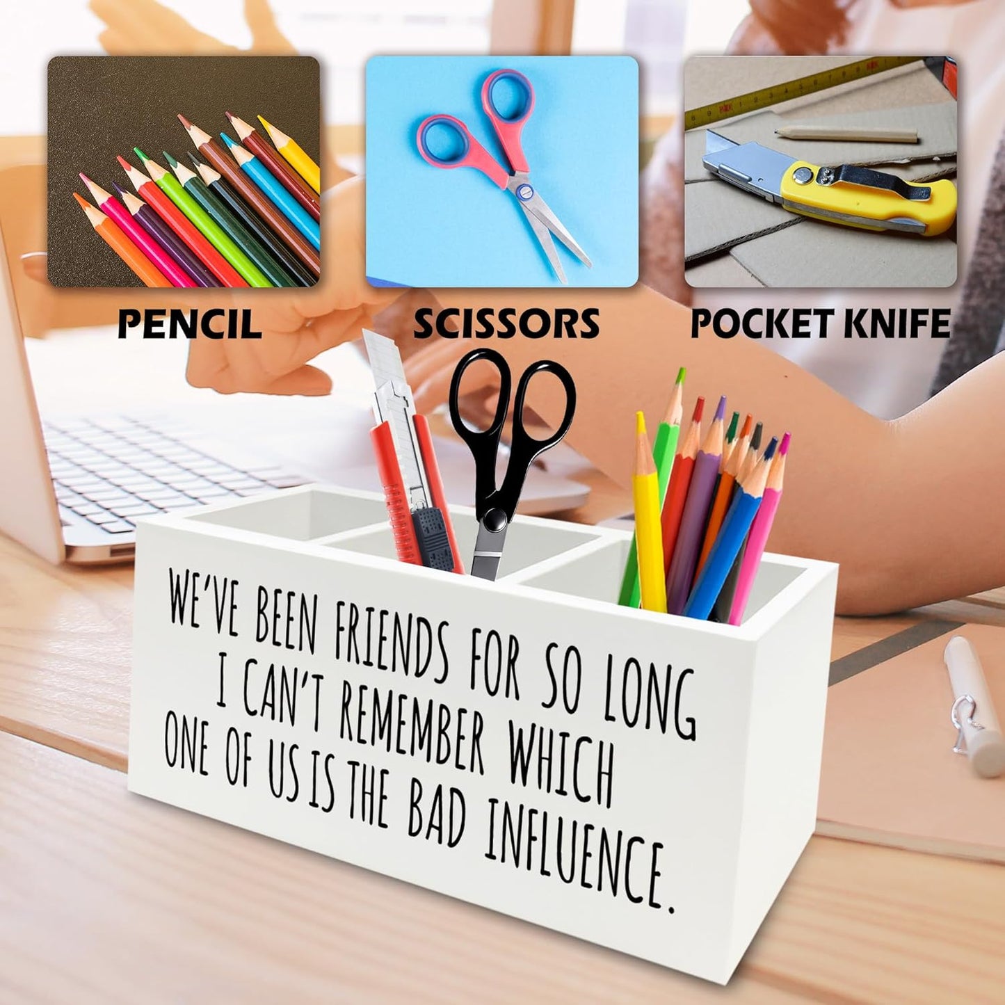 Funny Sarcastic Friendship Pen Pencil Holder Organizer for Desk, Humorous Gifts, We've Been Friends for So Long I Can't Remember Which Wooden Box Signs Decor for Home Office Desk Tabletop