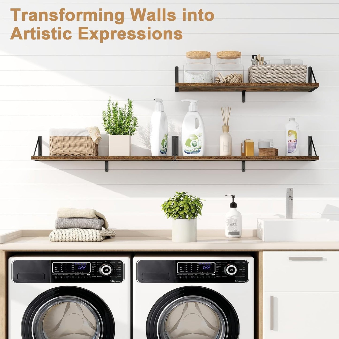 Fun Memories Floating Shelves, 32 x 8 Inches, Set of 3 Wall-Mounted Bookshelves with Metal Brackets, Decorative Storage for Home and Office (Rustic Brown)