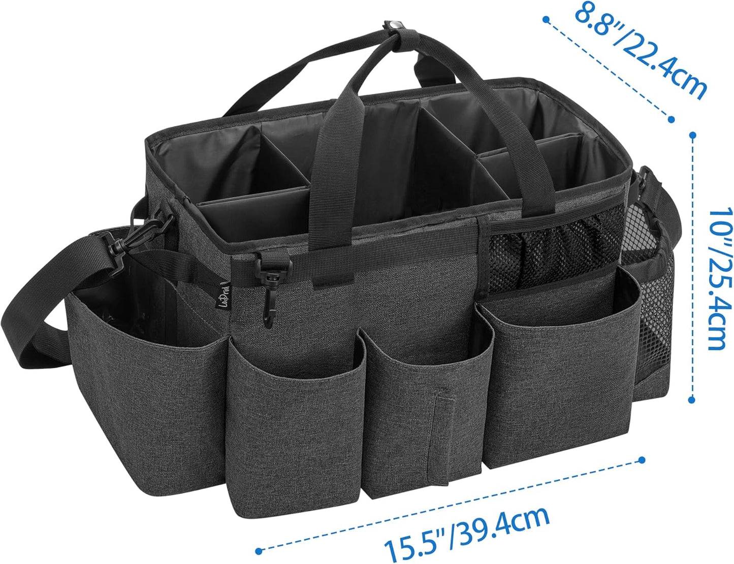 LoDrid Wearable Cleaning Caddy Bag with 4 Foldable Dividers, Cleaning Supply Organizer with Shoulder Strap and Side Handles for Cleaners & Housekeepers, Black
