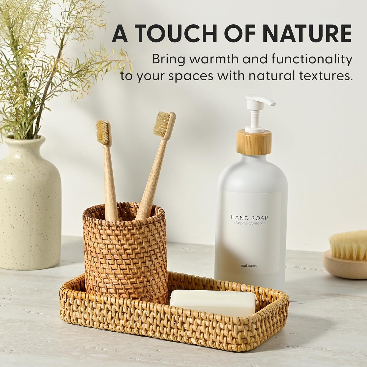 MaisoNovo Rattan Bathroom Set - White Countertop Dispenser, Toothbrush Holder & Toothpaste Cup with Tray - Set of 3 - Rattan Bathroom Vanity Trays Rectangle for Storage