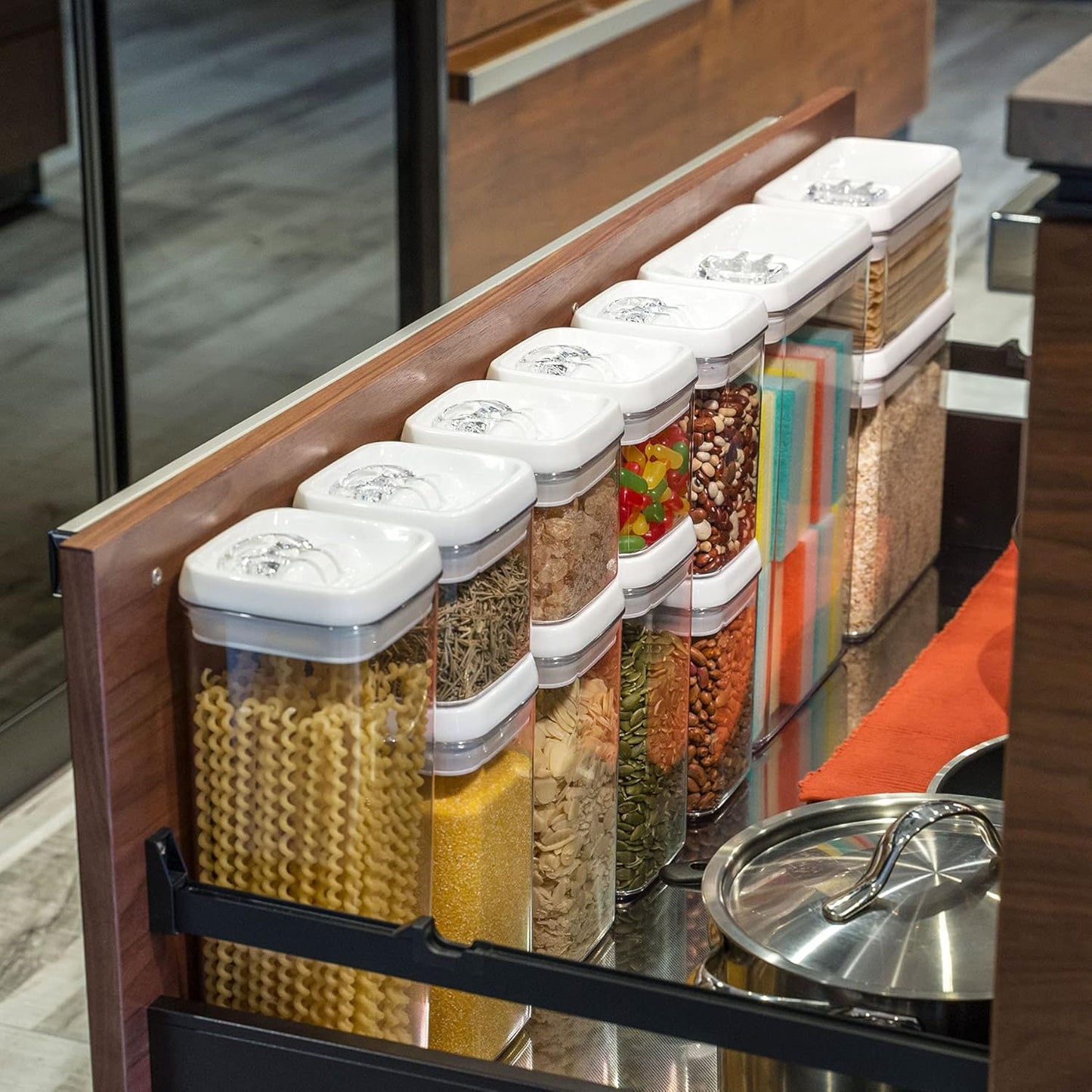 Felli Flip Tite Storage Container with Lid 4" Airtight Ring Seal Top, Stackable Acrylic Canister Jar Set for Kitchen Pantry Organizer, Food Spice Pasta Snack, Christmas Gifts for Her (5pk, Variety)