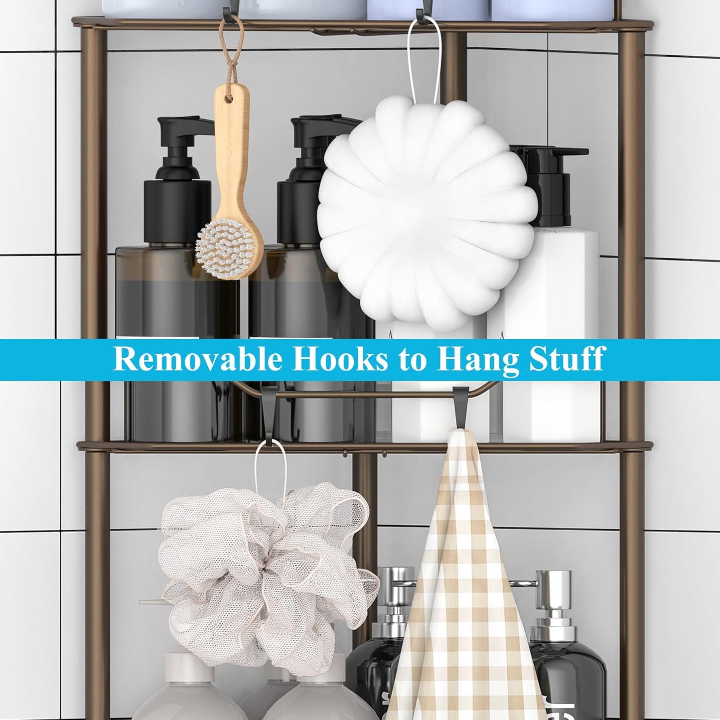 2 Tier Floor Standing Corner Shower Caddy Organizer Shelf with Hooks, Bathroom Shelves Stand Rack, Bronze