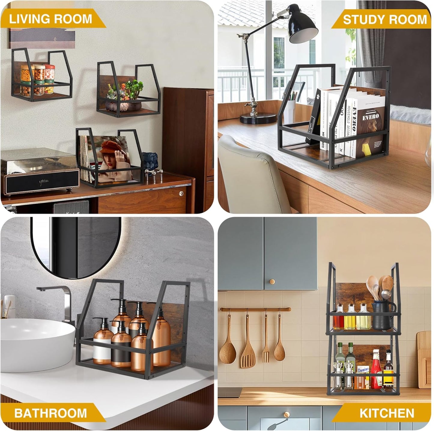 Y&M 2 In 1 Vinyl Record Storage Crate, 1PC Wood LP Holder, Wall Mount or Desktop Metal Album Organizer, Holds 80+ Records, Multifunctional Stackable Magazine Display Shelf, Brown