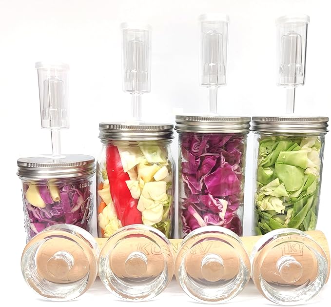 Complete Mason Jar Fermentation Kit - Sauerkraut Pounder + 4pc Glass Weights + 4pc water airlocks Easy Wide Mouth Jars Vegetable Fermenting Set -Suitable for 86MM mason jar (Jars Not Included)