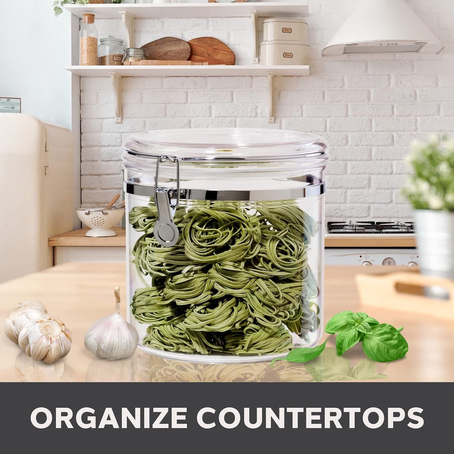 Oggi Jumbo Clear Canister with Clamp Lid, 150 oz - Airtight Food Storage Container, for Kitchen & Pantry Storage of Bulk, Dry Foods Including Pasta, Flour, Sugar, Coffee, Rice, Tea, Spices & Herbs